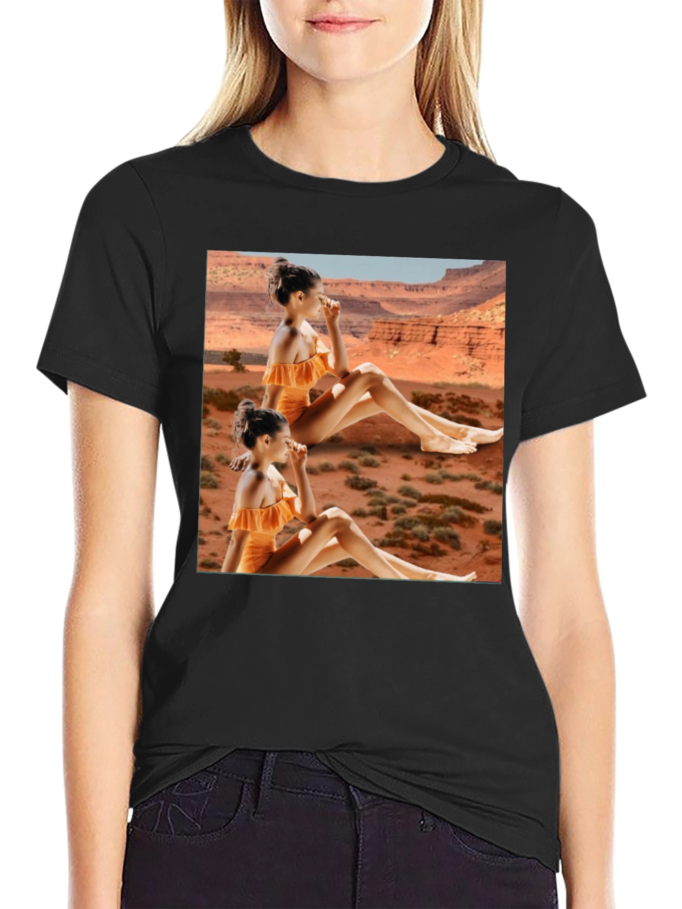 Black Trendy Black T-Shirt with Unique Desert Graphic Design view 2