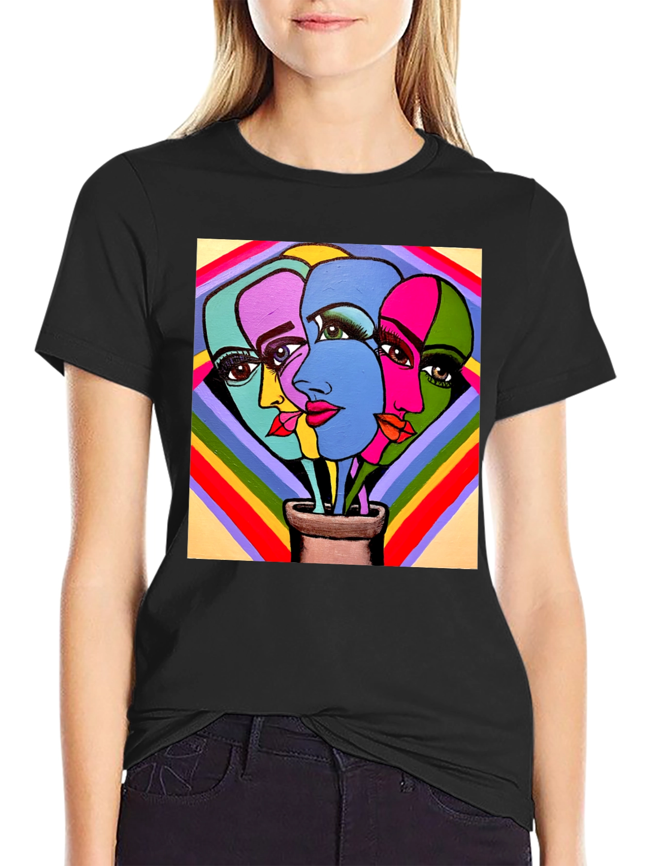 Black Abstract Faces Graphic Tee - Stylish Unisex T-Shirt view 2