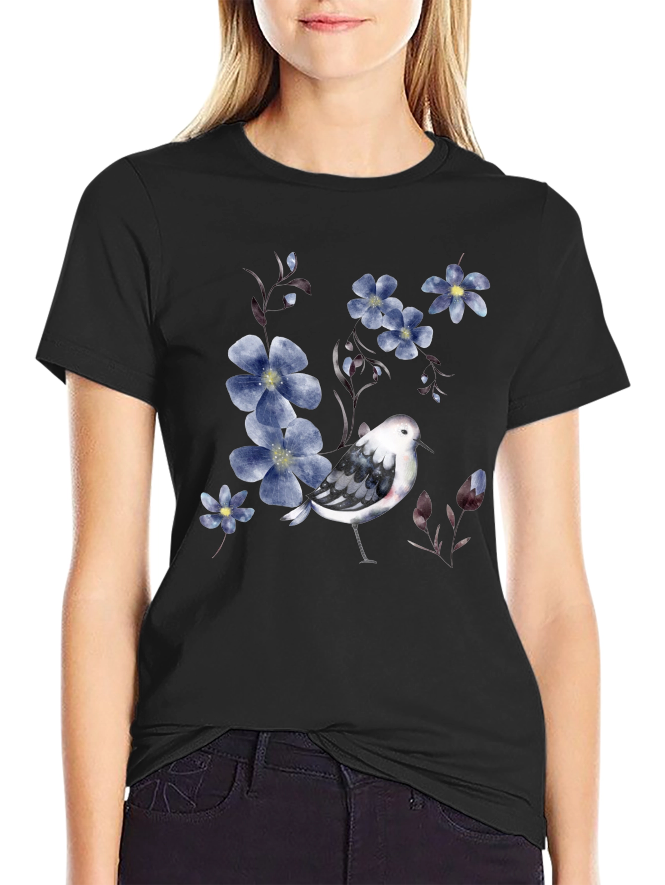 Black Floral Bird Print Black T-Shirt view 2
