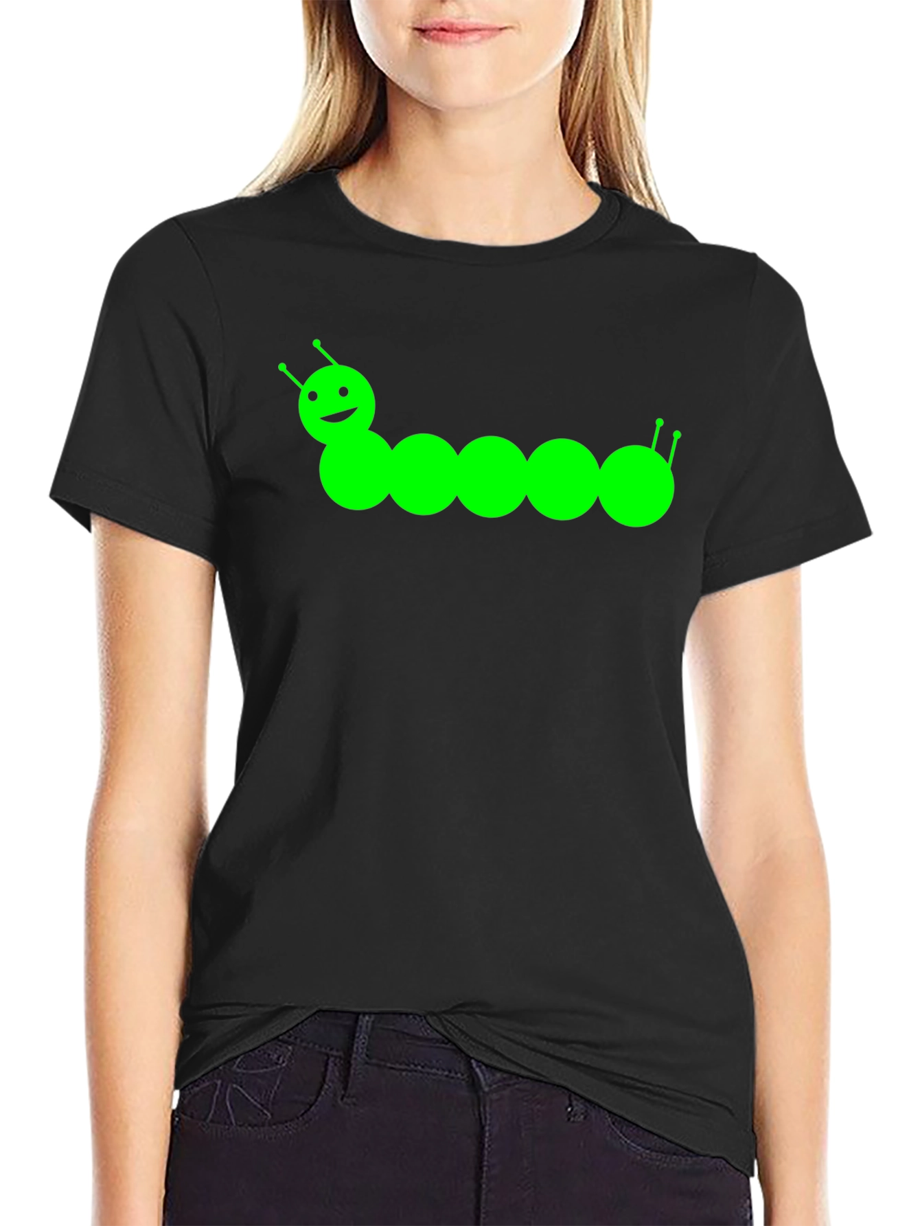 Black Cute Caterpillar Graphic Tee - Black Cotton T-Shirt view 2