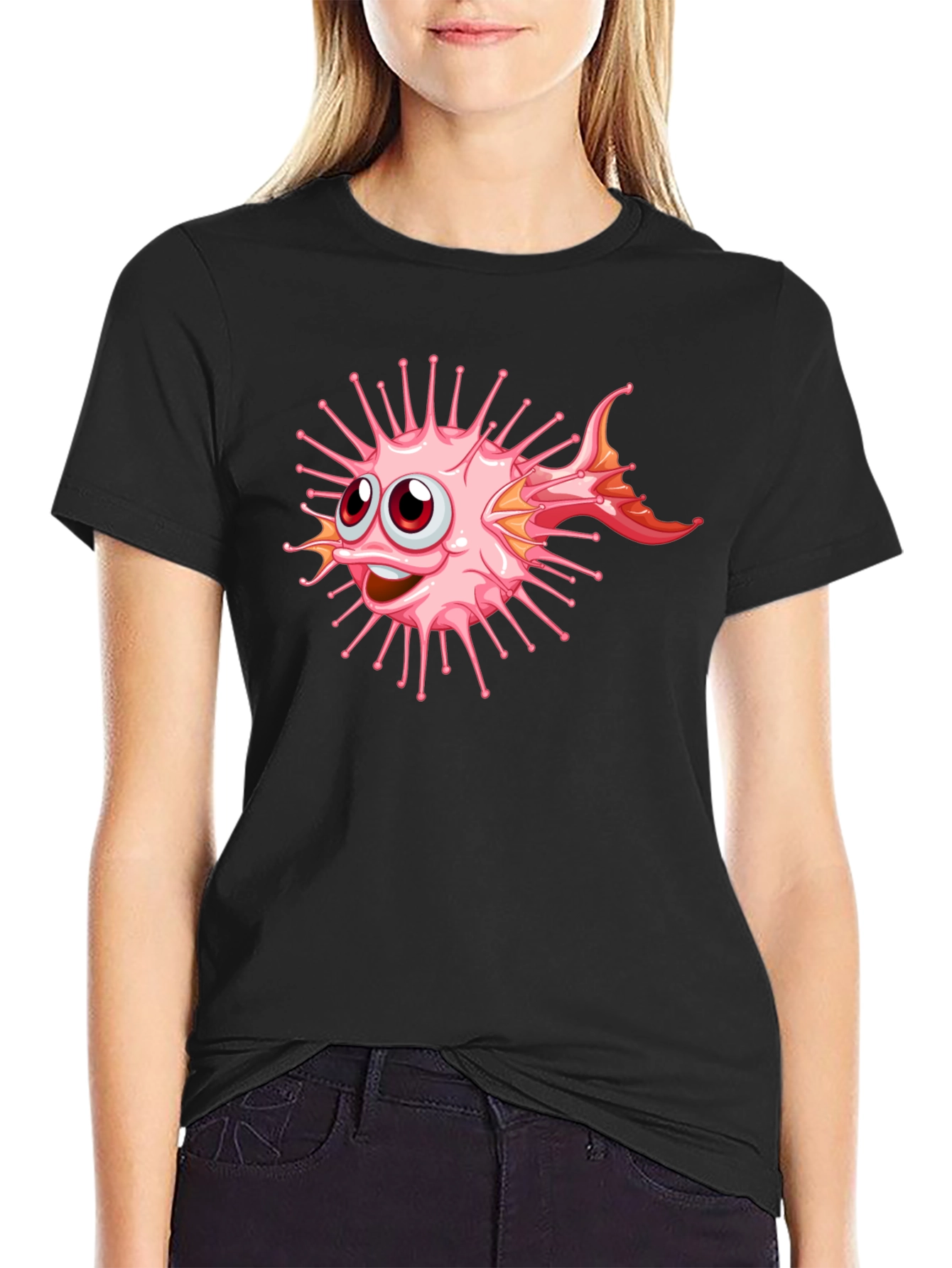 Black Cartoon Pufferfish Graphic Black T-Shirt view 2