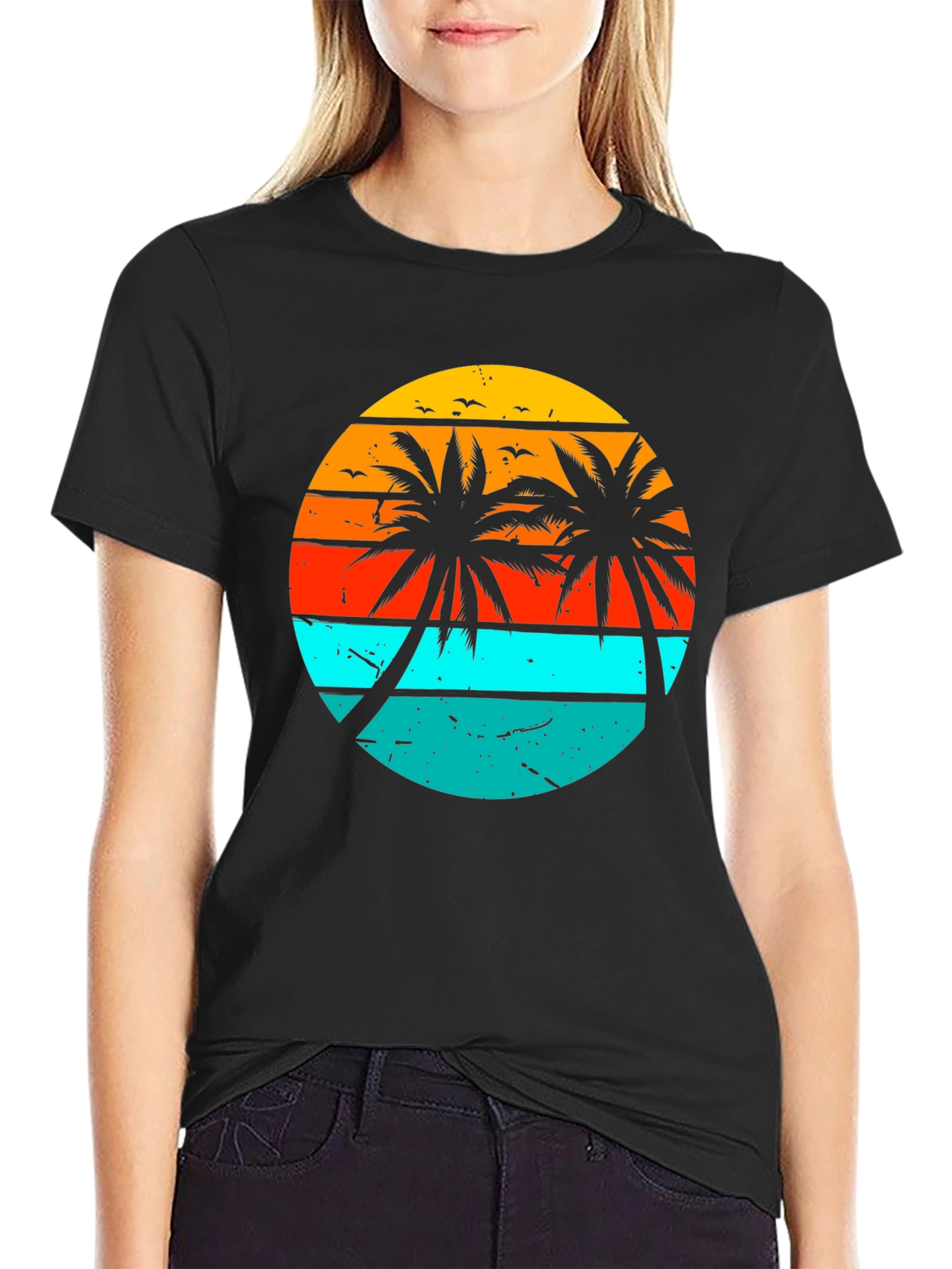 Black Retro Sunset Palm Tree Graphic T-Shirt view 2