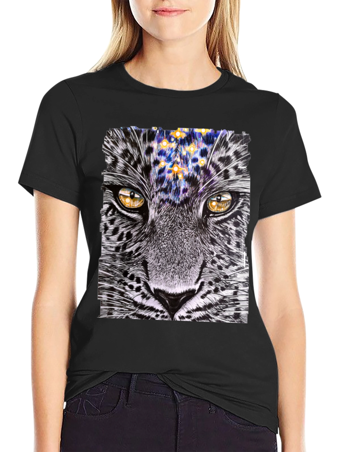 Black Leopard Stargazer Graphic T-Shirt - Unique Animal Print Tee view 2