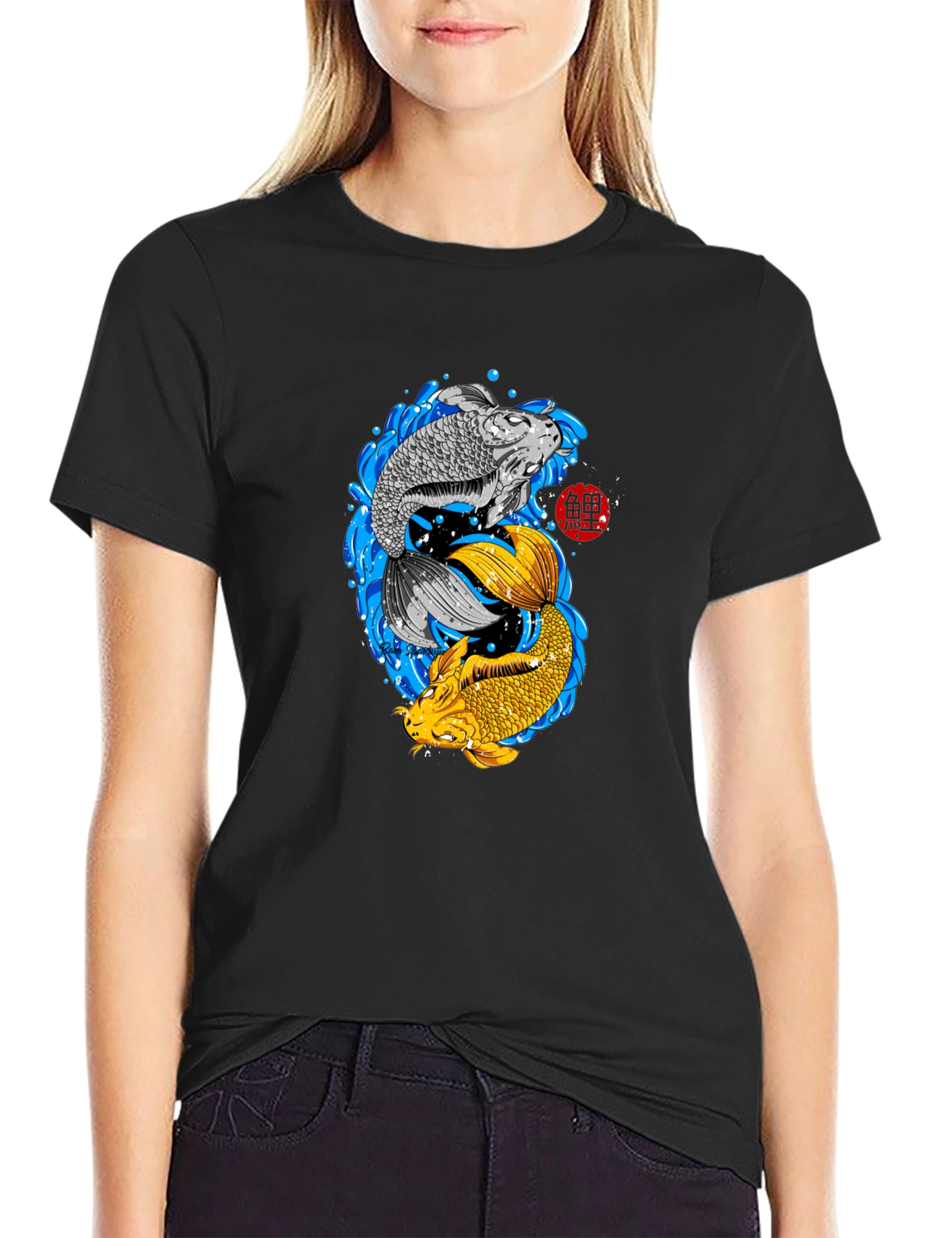 Black Yin Yang Koi Fish Graphic T-Shirt view 2
