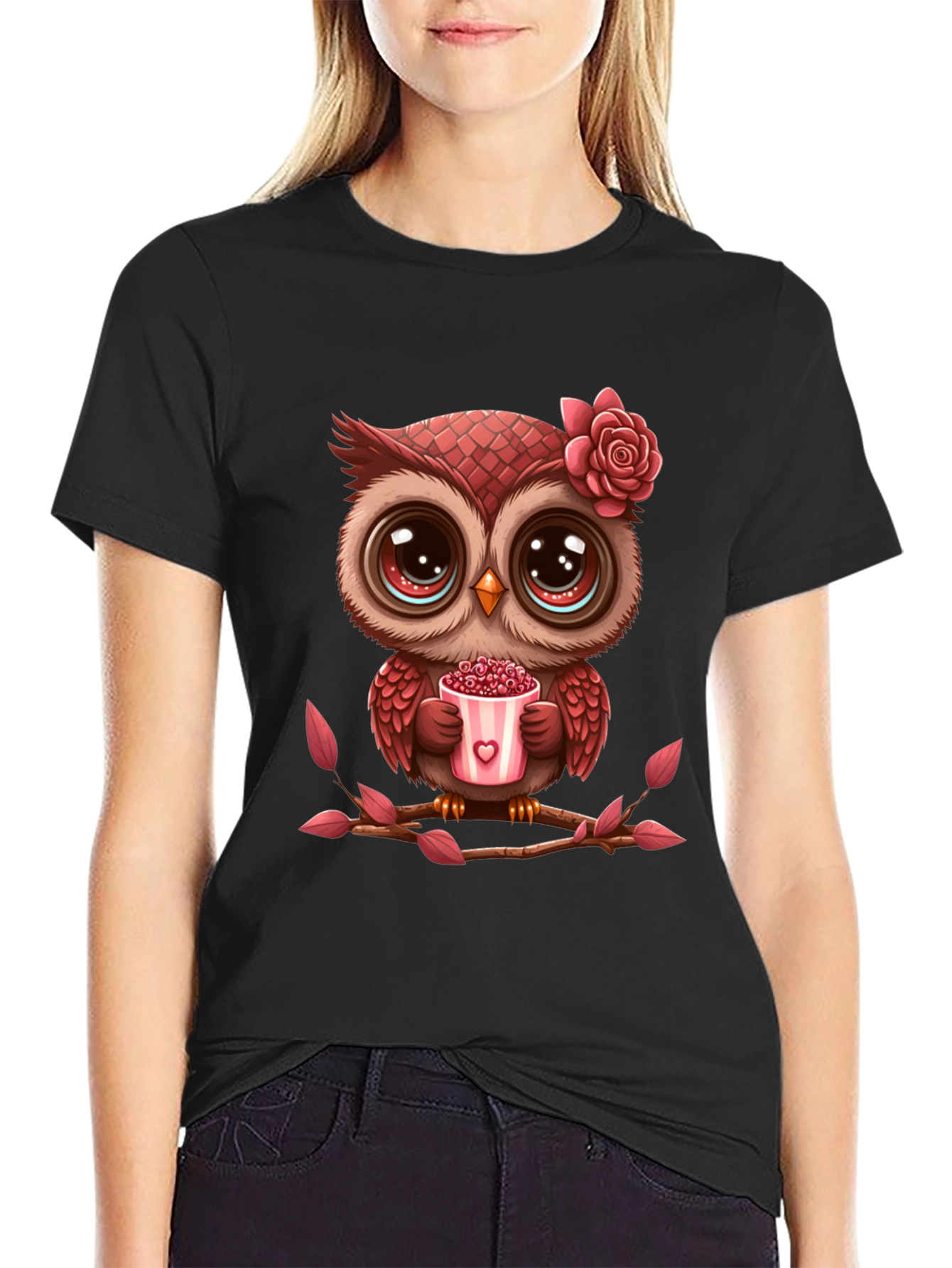 Black Cute Owl Valentine's Day Black T-Shirt view 2
