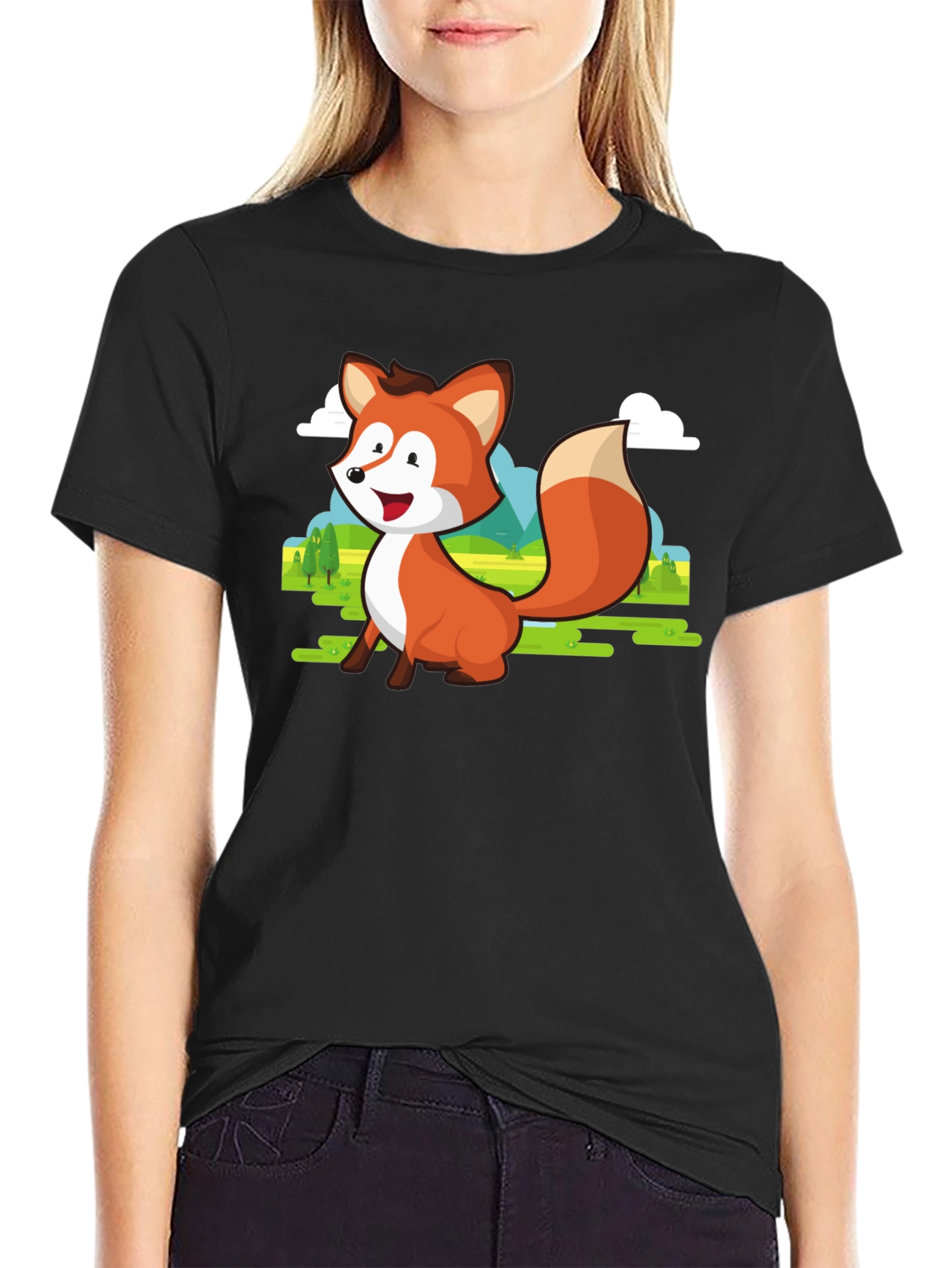 Black Cute Fox Cartoon T-Shirt - Men's Black Tee view 2