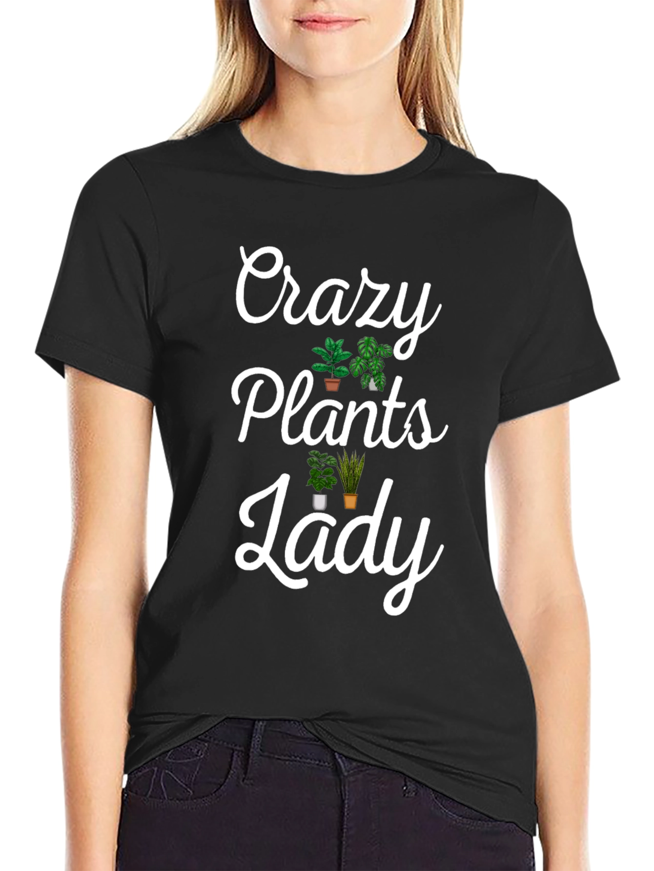 Black Crazy Plants Lady Graphic Tee - Novelty T-Shirt view 2