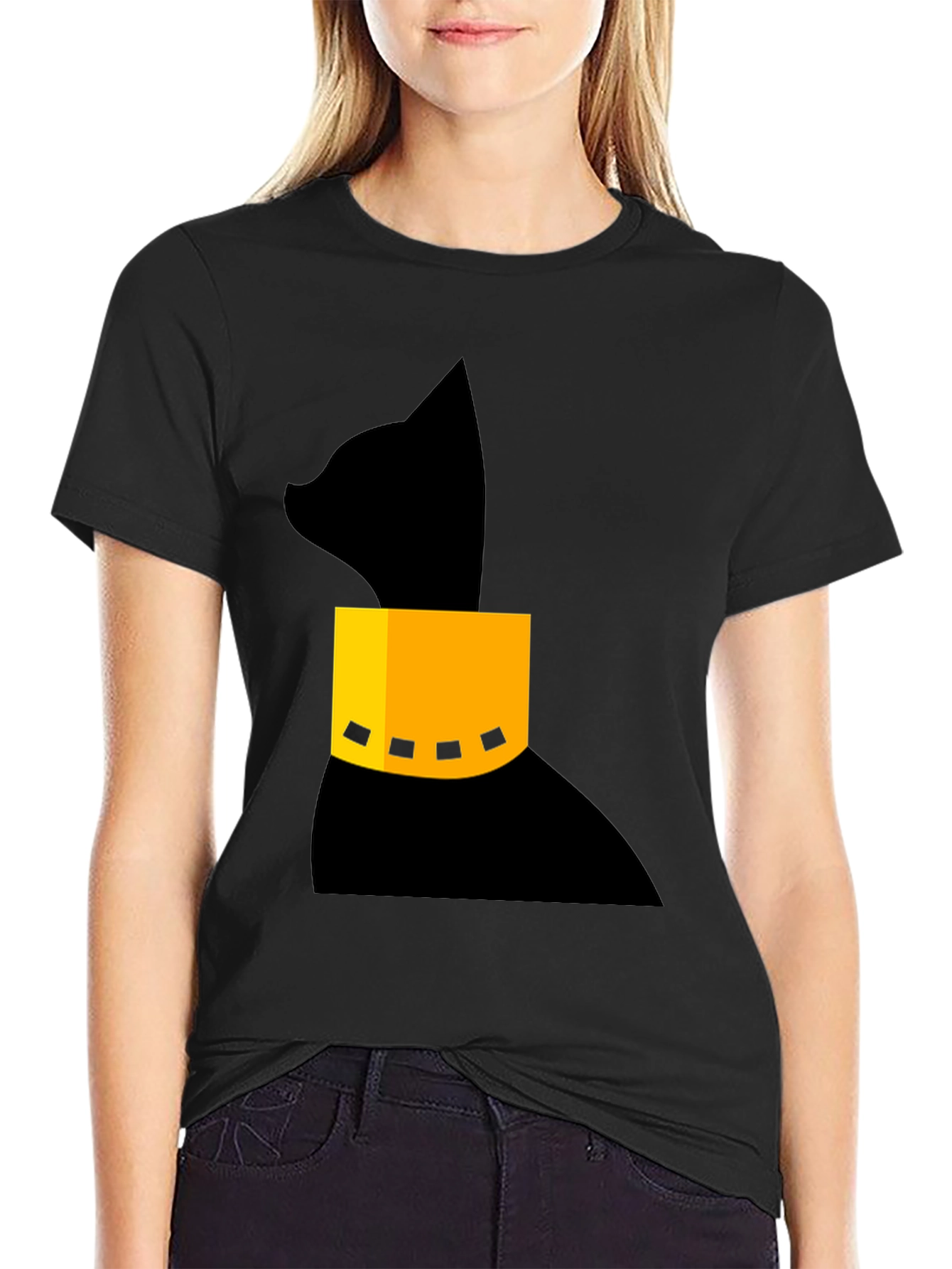Black Modern Black Cat T-Shirt with Geometric Collar view 2