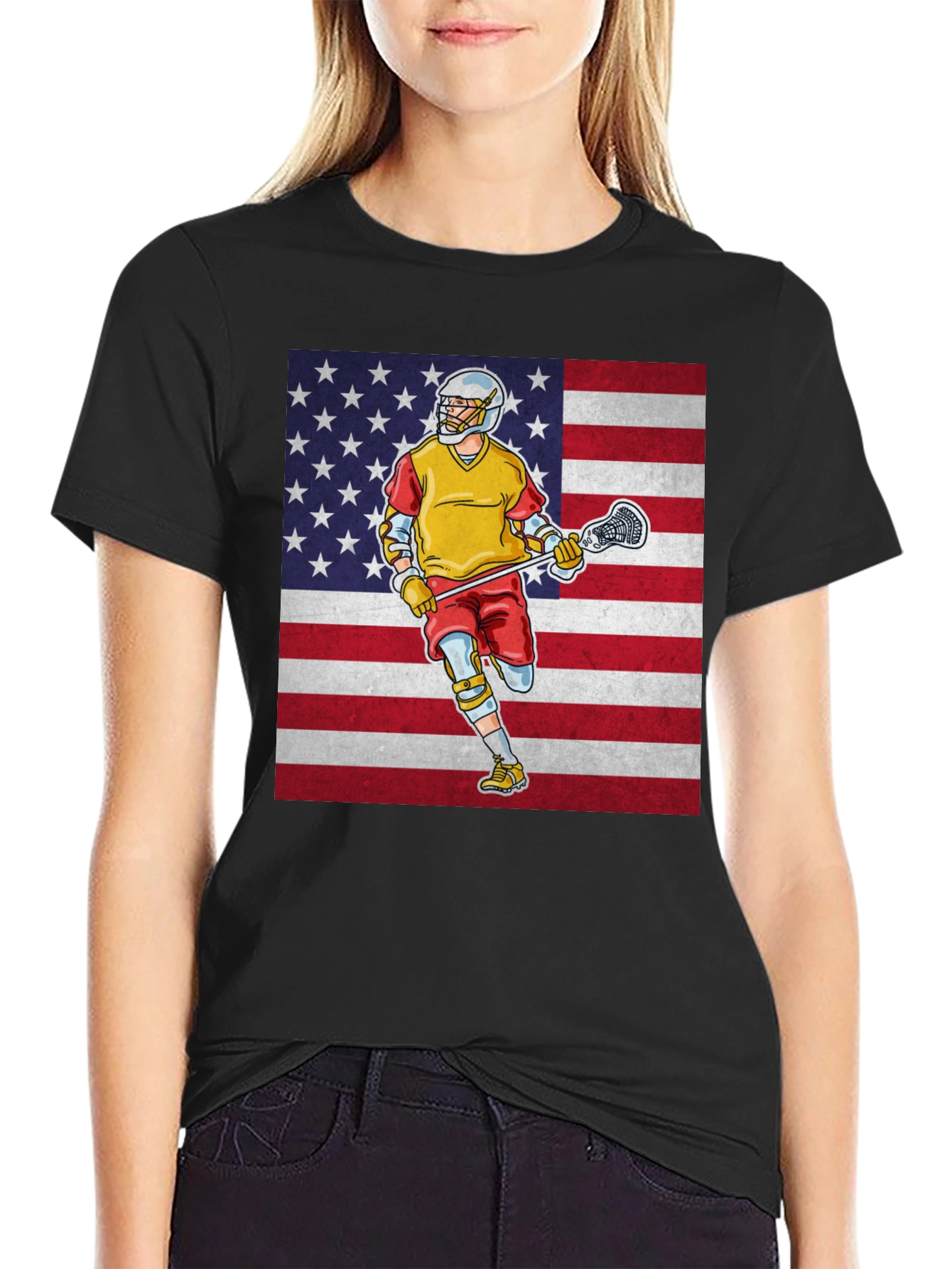 Black American Lacrosse Player Graphic T-Shirt view 2