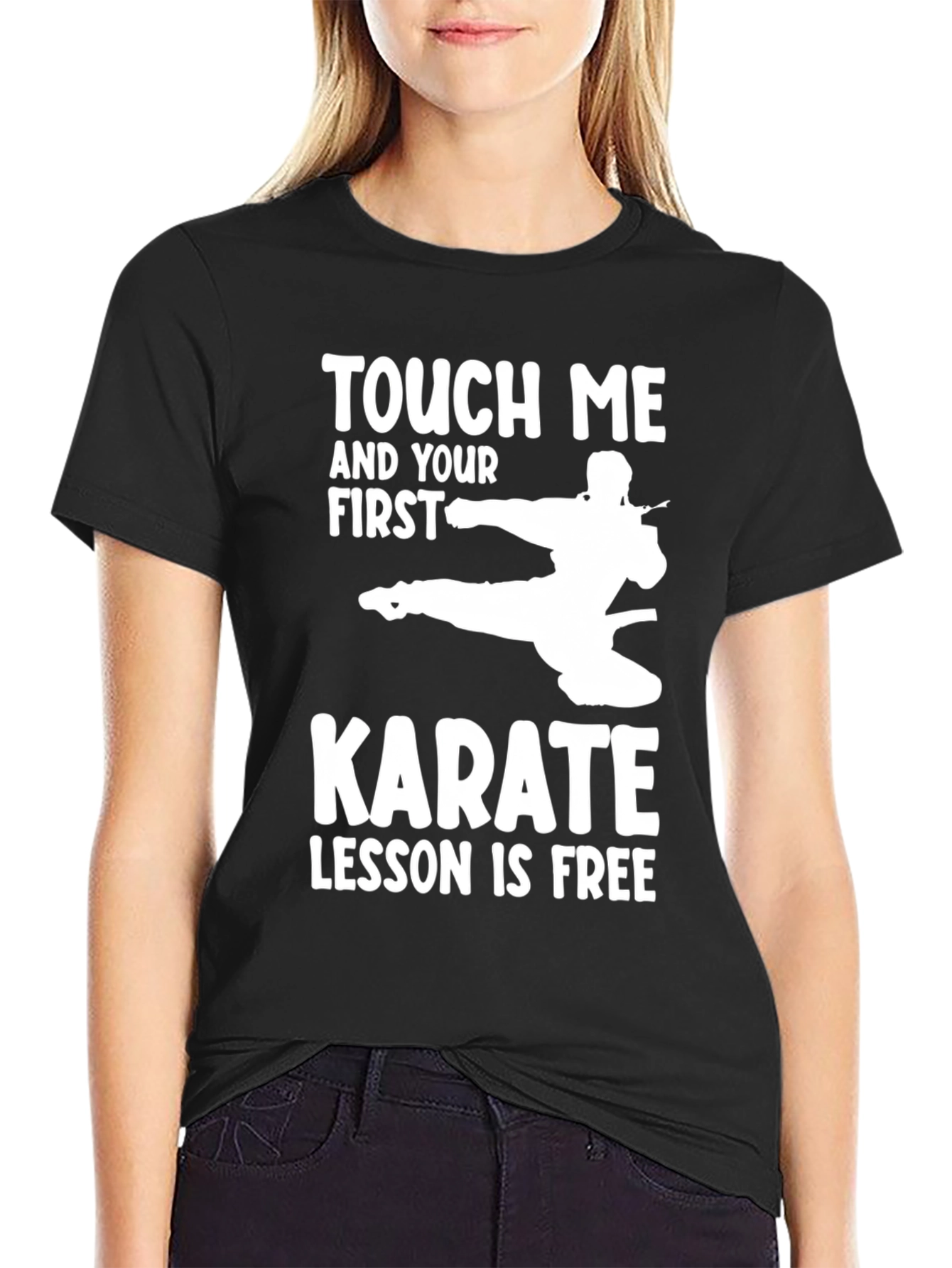 Black Touch Me Karate Free Lesson Funny T-Shirt view 2