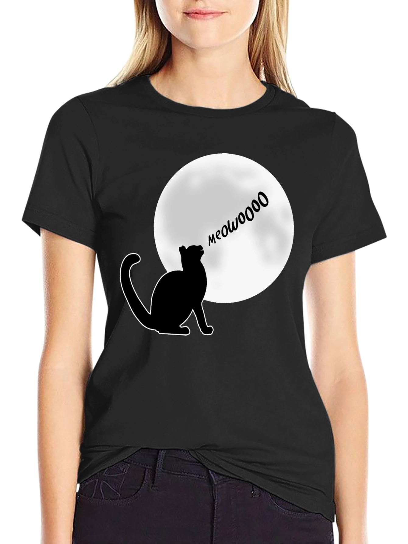 Black Meow at the Moon T-Shirt - Black, Cat Lover Tee view 2