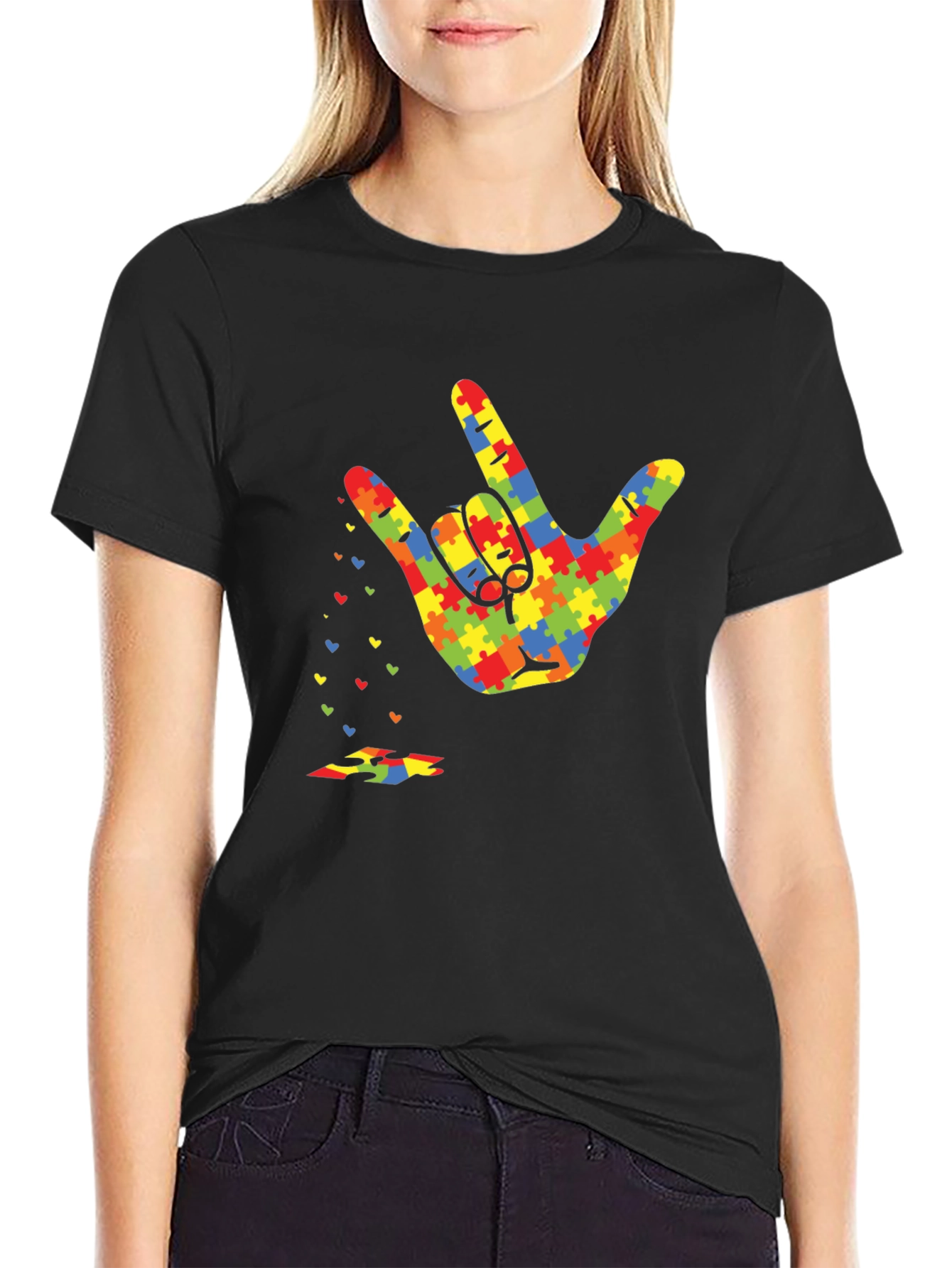 Black Autism Awareness Puzzle Hand Gesture T-Shirt view 2