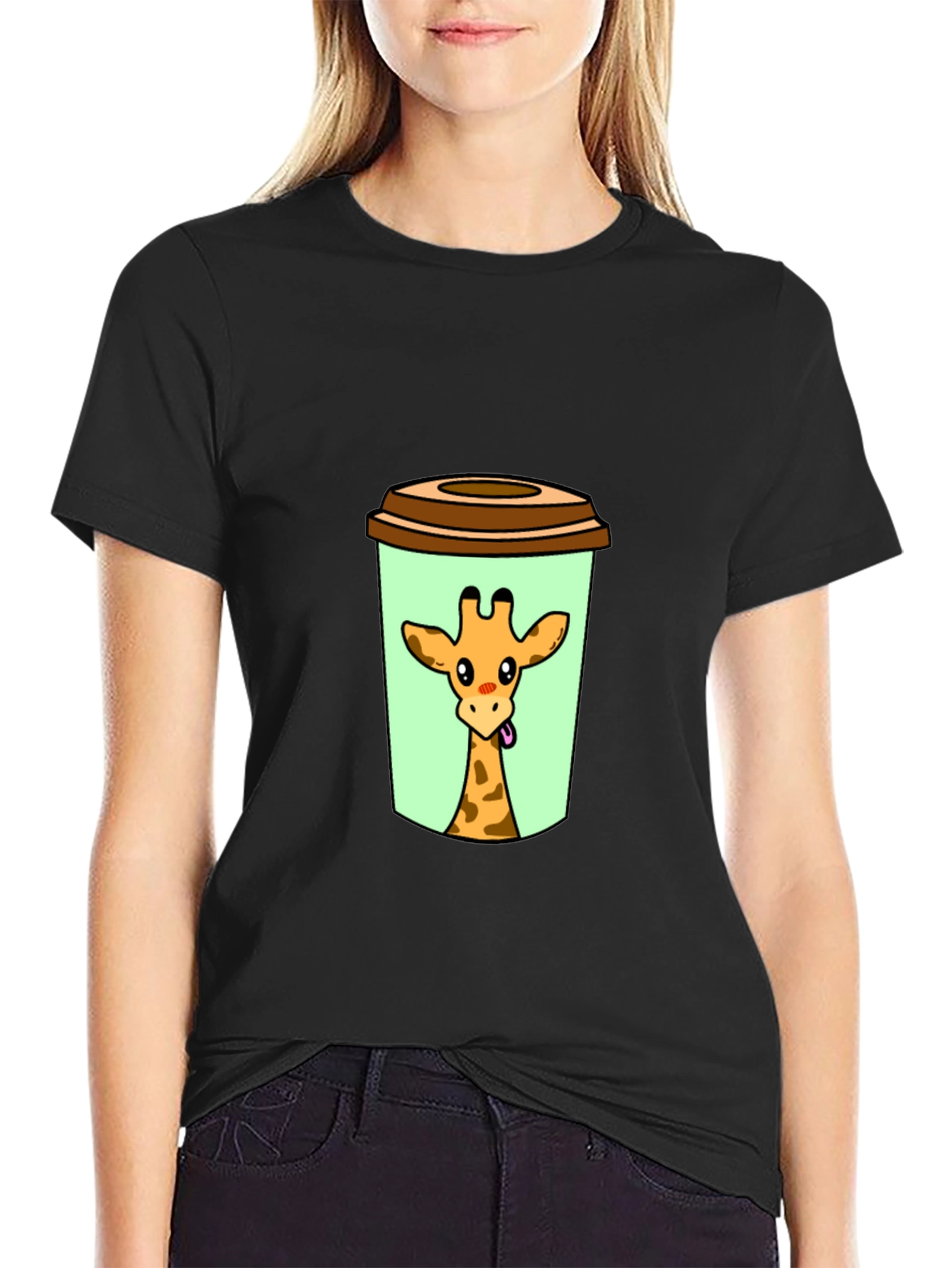 Black Giraffe in Cup Graphic Tee - Novelty Animal Shirt view 2
