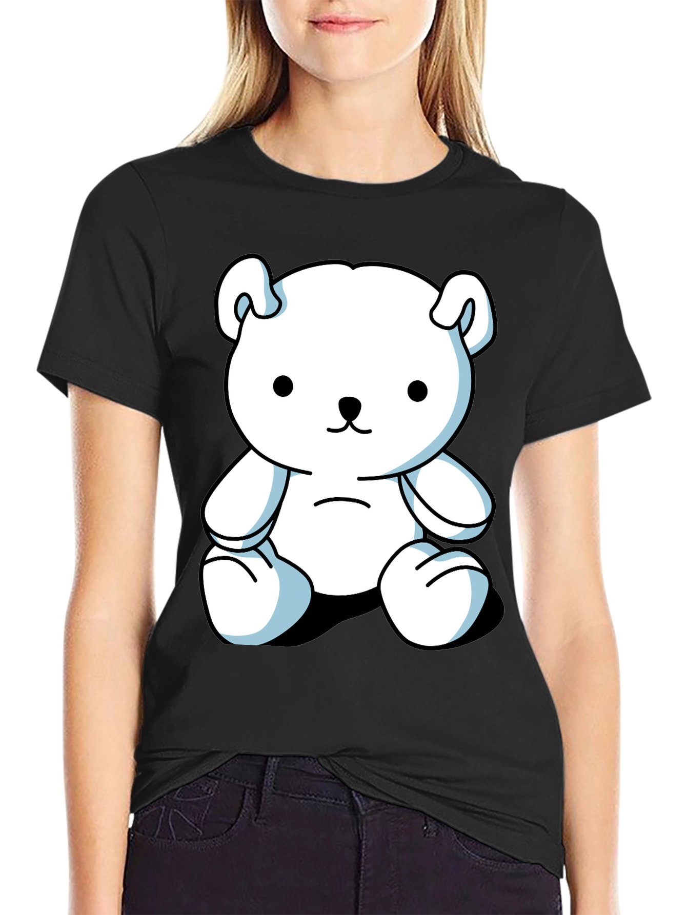 Black Cute Cartoon Bear Graphic Black T-Shirt view 2