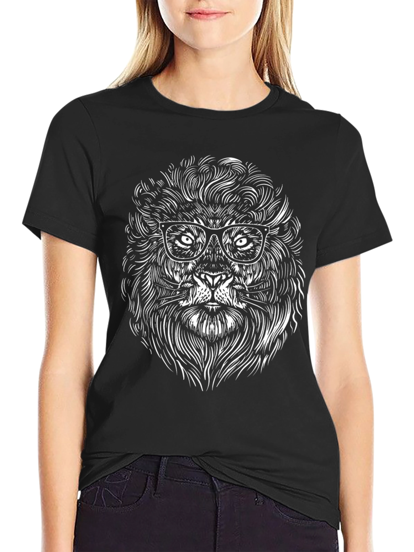 Black Lion with Glasses Graphic Tee - Cool Men's Black T-Shirt view 2