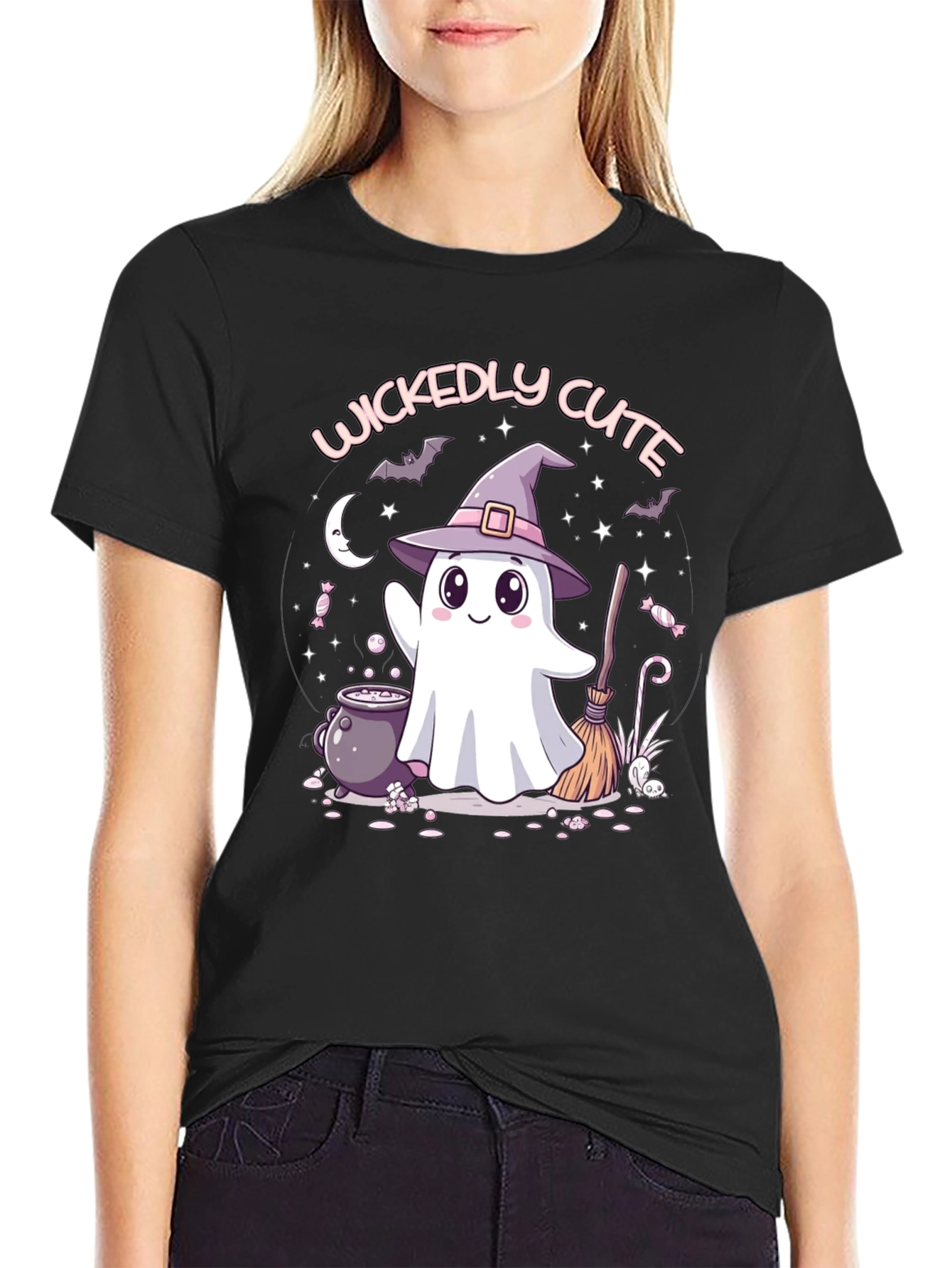 Black Wickedly Cute Halloween Ghost T-Shirt view 2