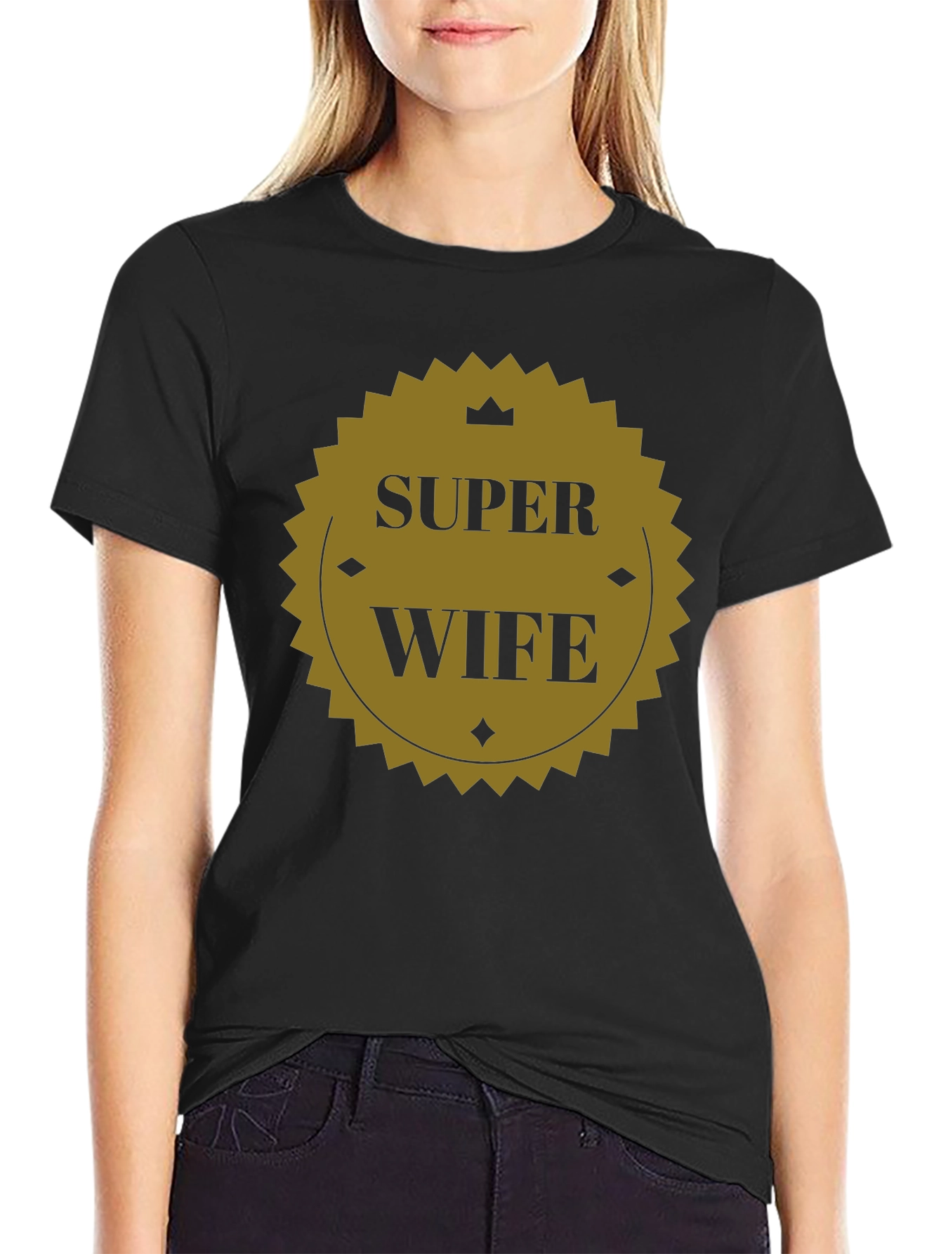 Black Super Wife Graphic Tee - Black Crew Neck T-Shirt view 2