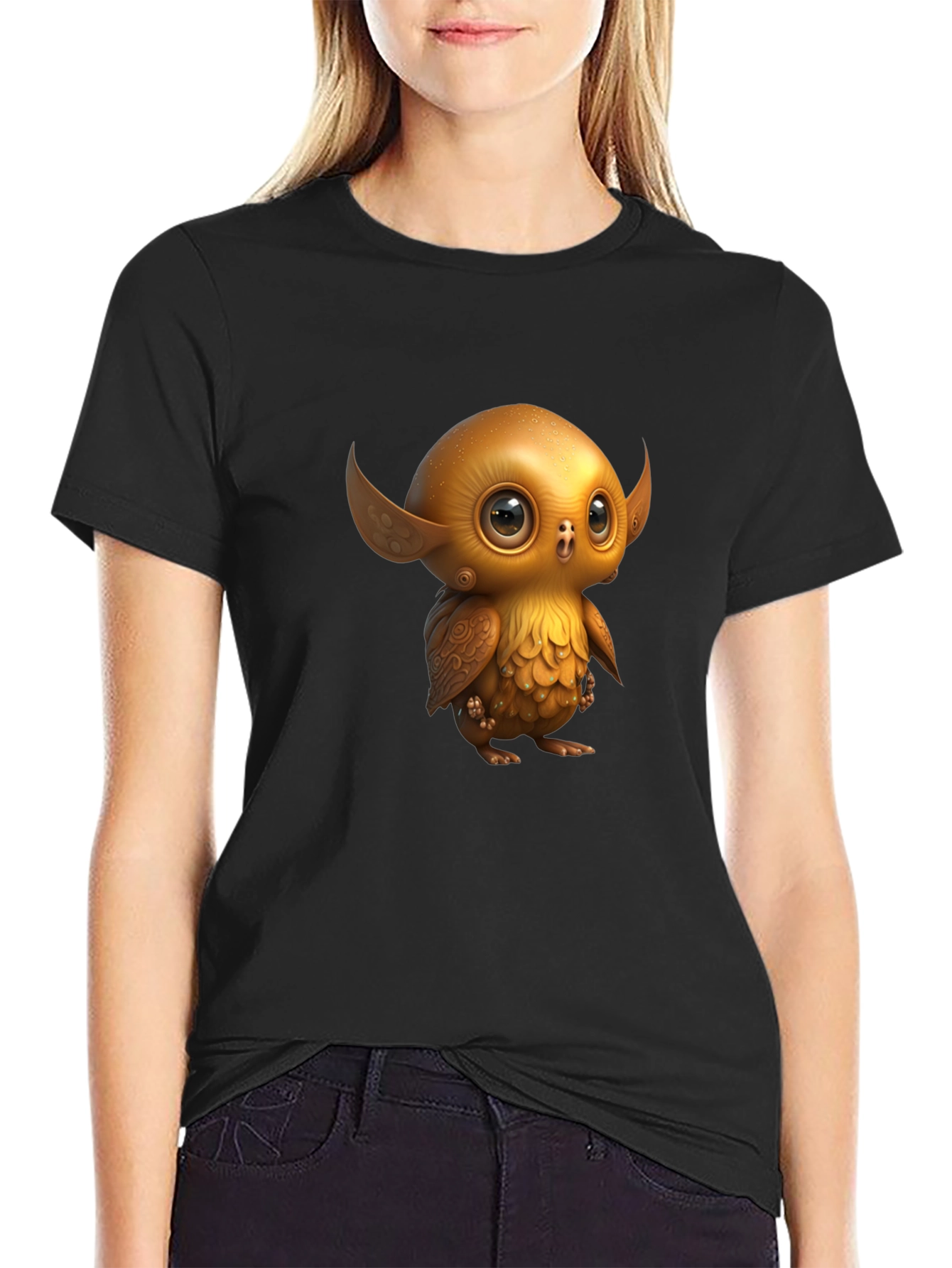 Black Cute Golden Owl Creature Graphic Tee view 2