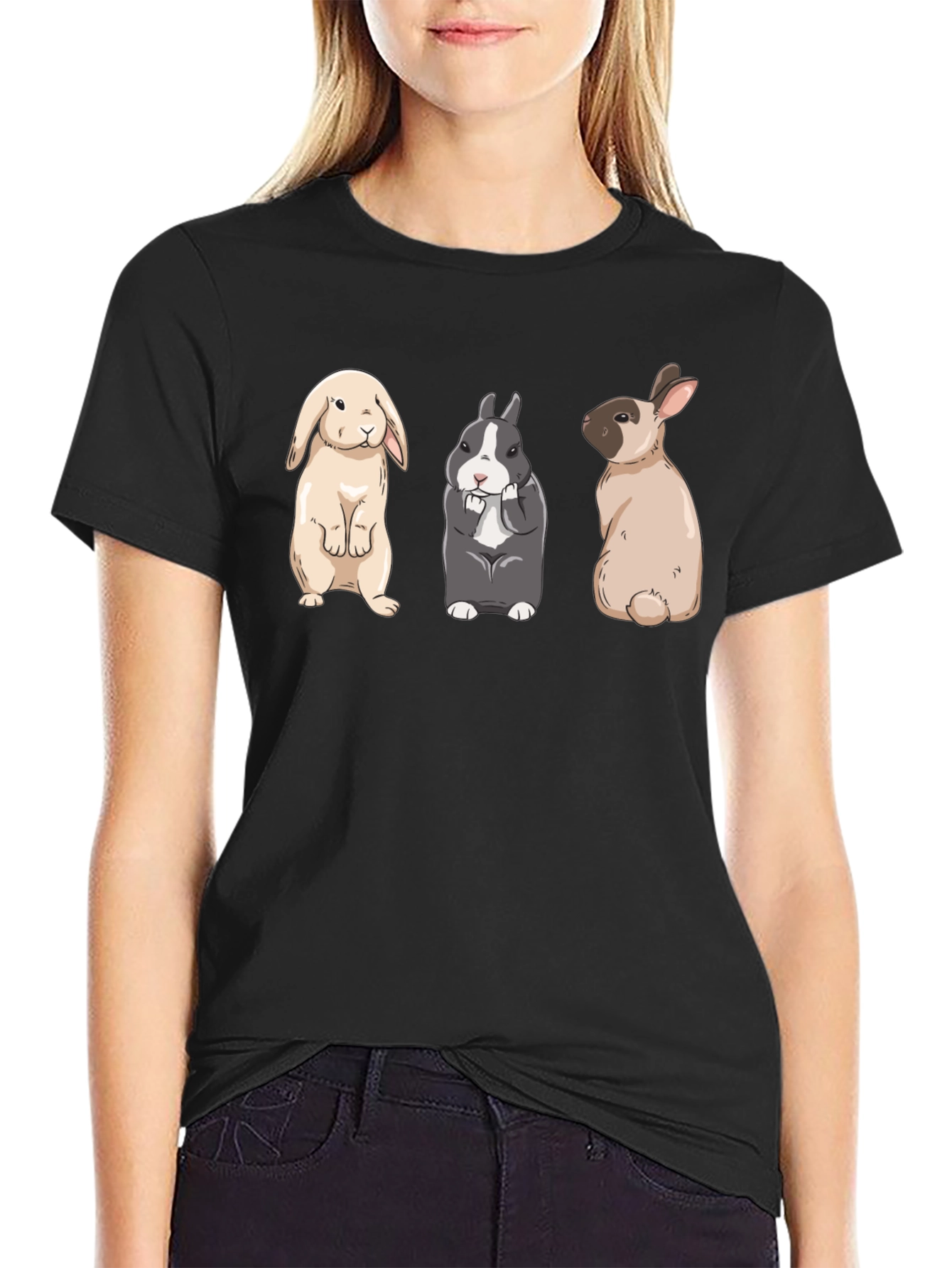 Black Three Cute Bunnies Black T-Shirt view 2