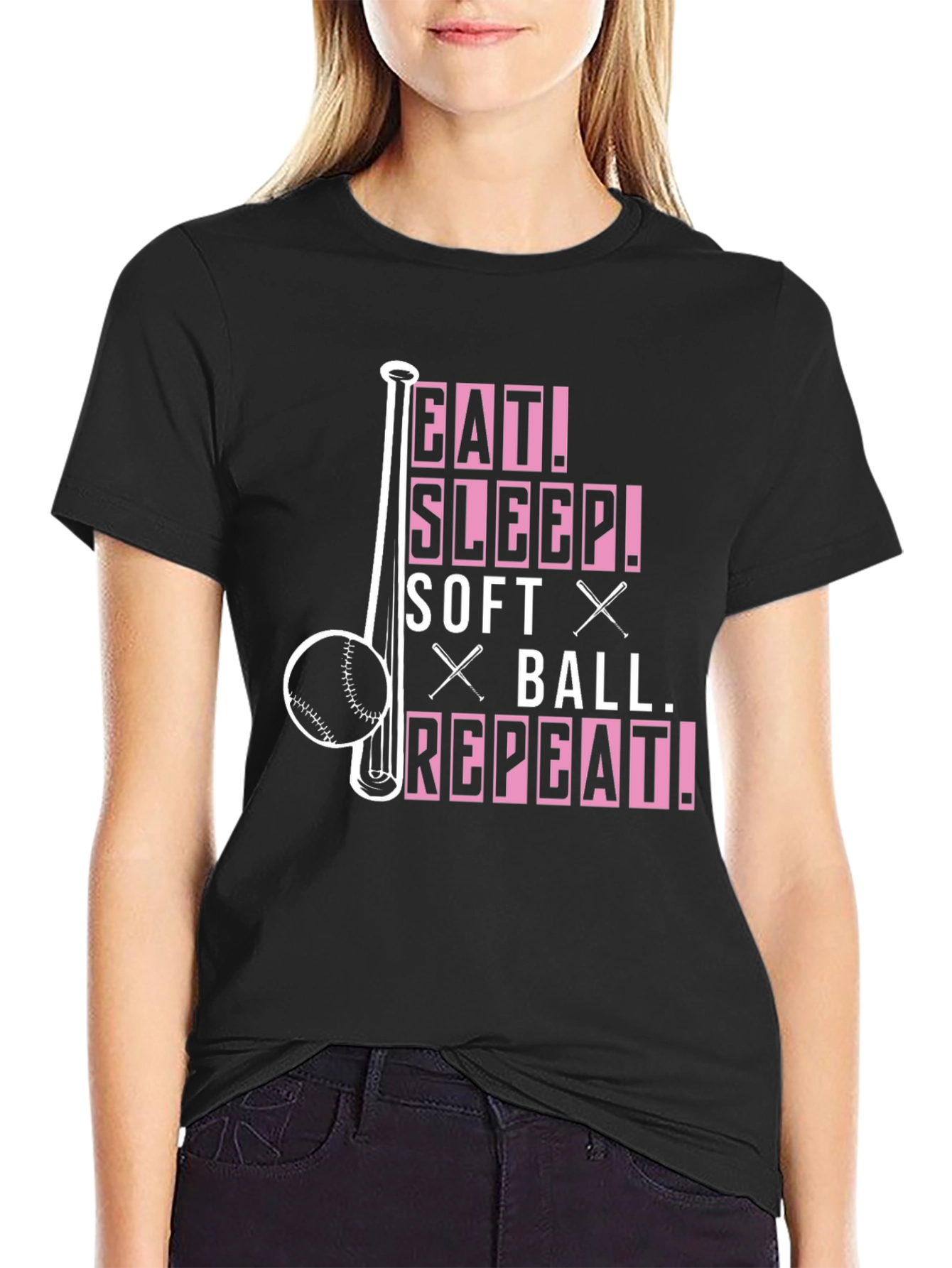 Black Eat Sleep Softball Repeat T-Shirt view 2