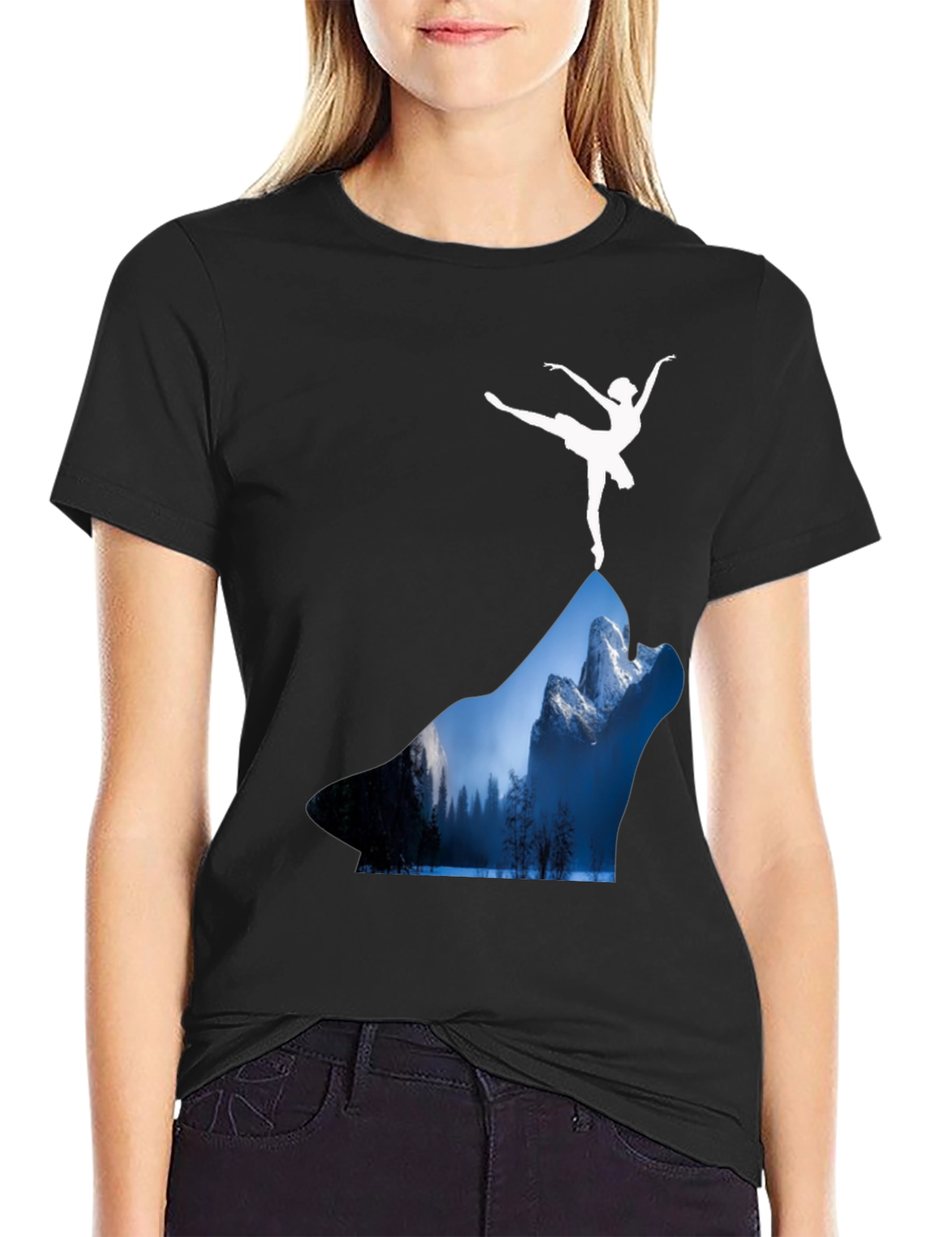 Black Wolf Landscape T-Shirt - Ballerina Design view 2