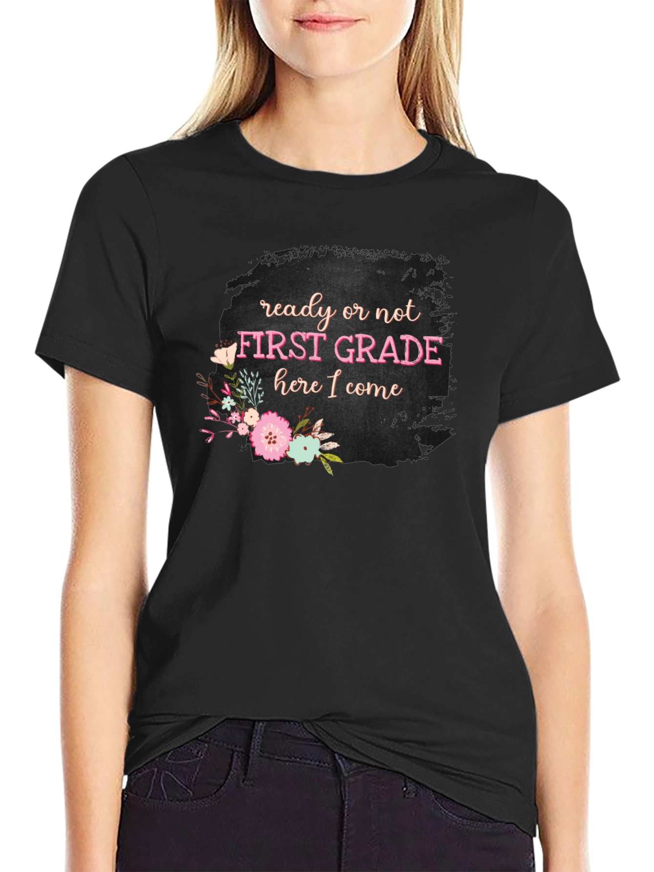 Black First Grade Teacher Ready or Not T-Shirt view 2