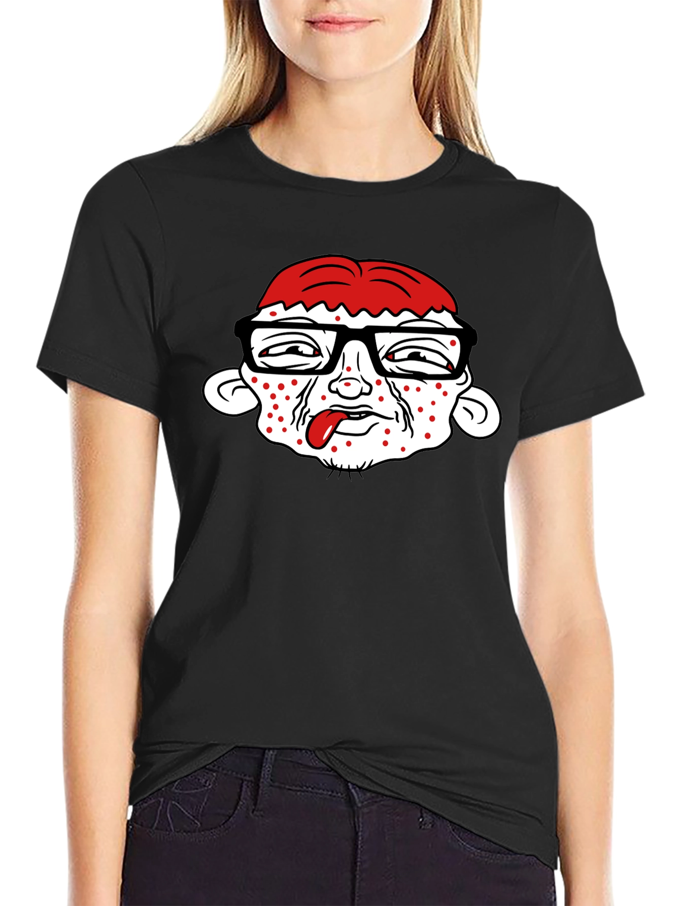 Black Funny Cartoon Face Black T-Shirt view 2