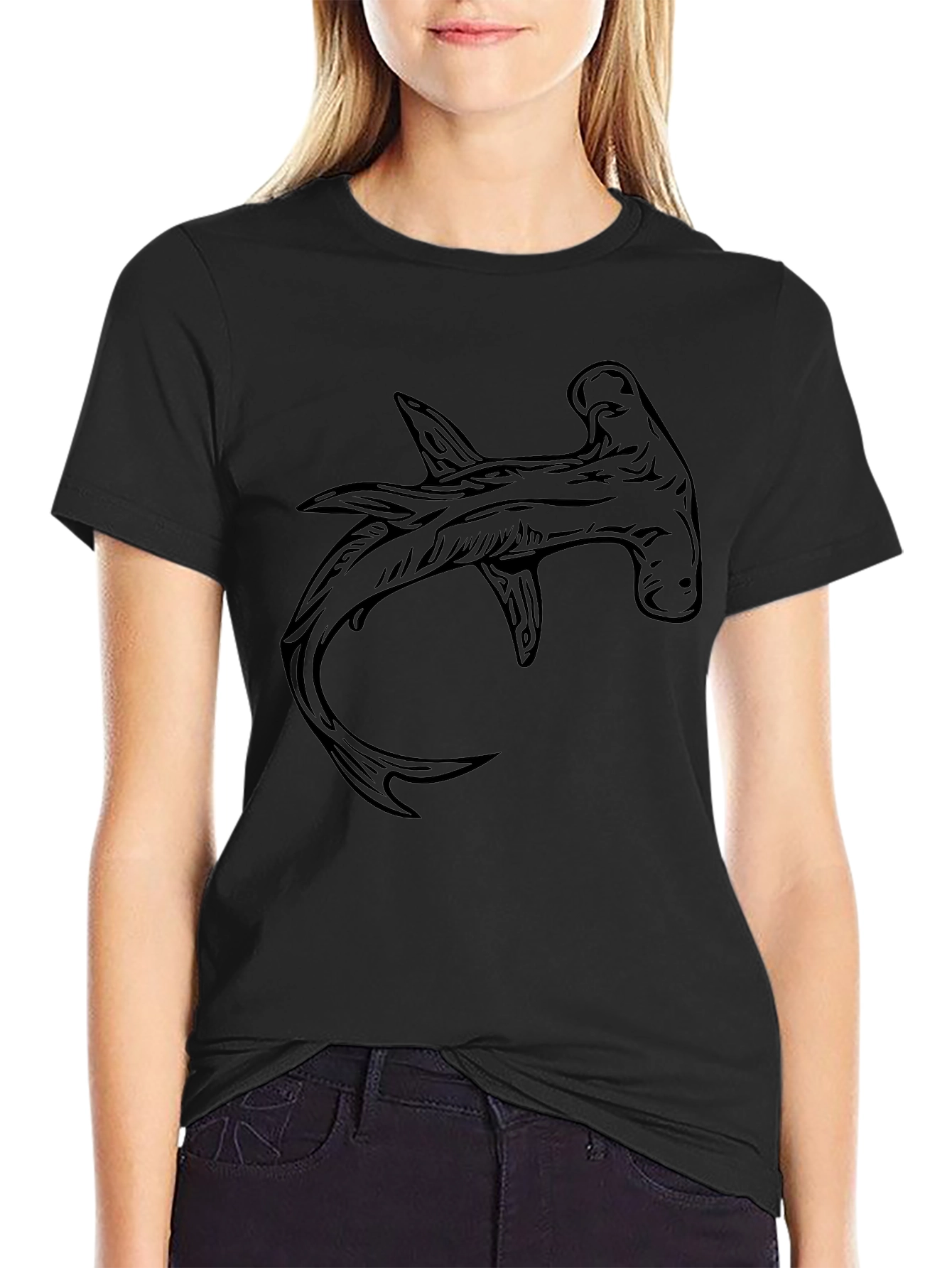 Black Hammerhead Shark Graphic Tee - Black Cotton T-Shirt view 2