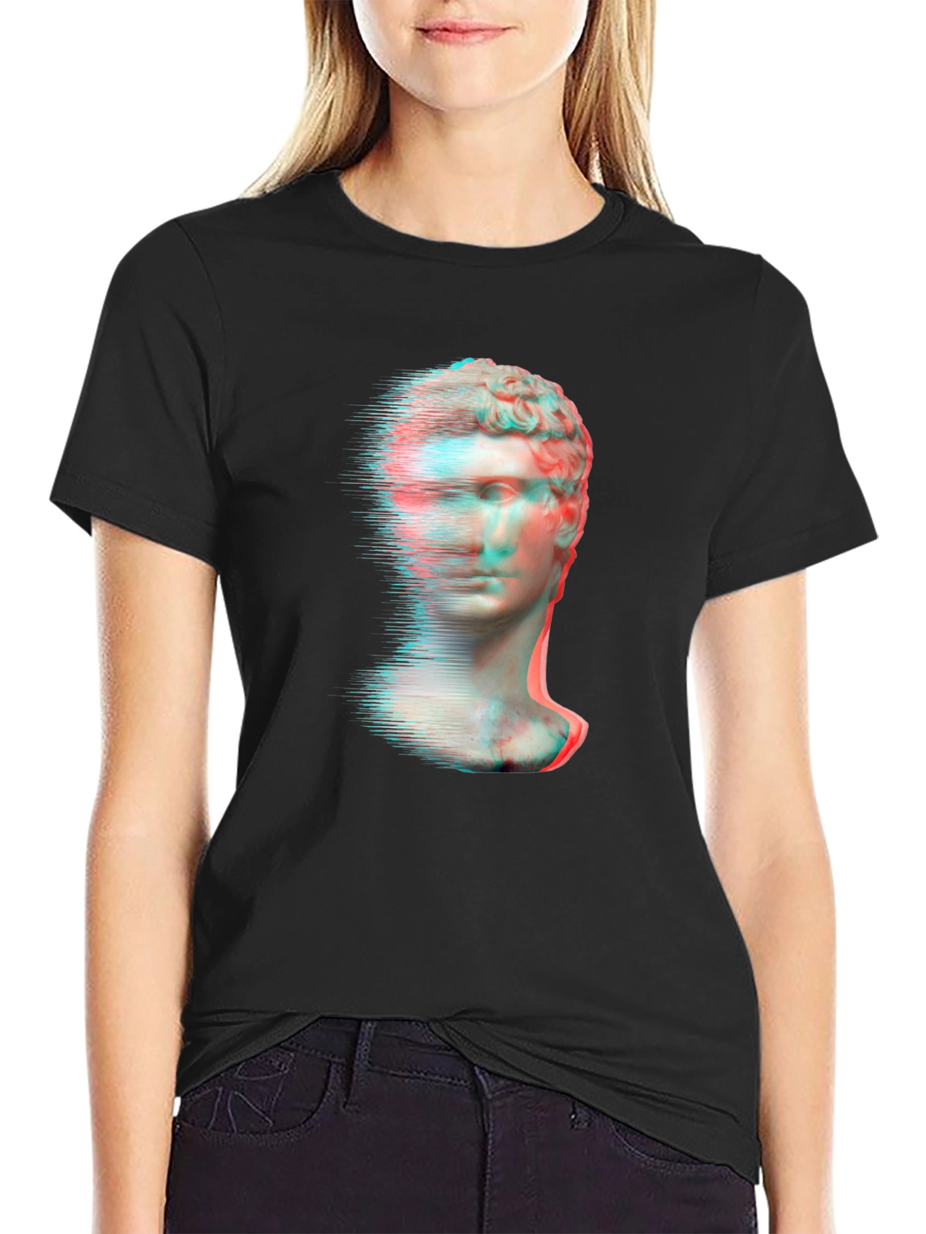 Black Glitch Art Statue Graphic Tee view 2