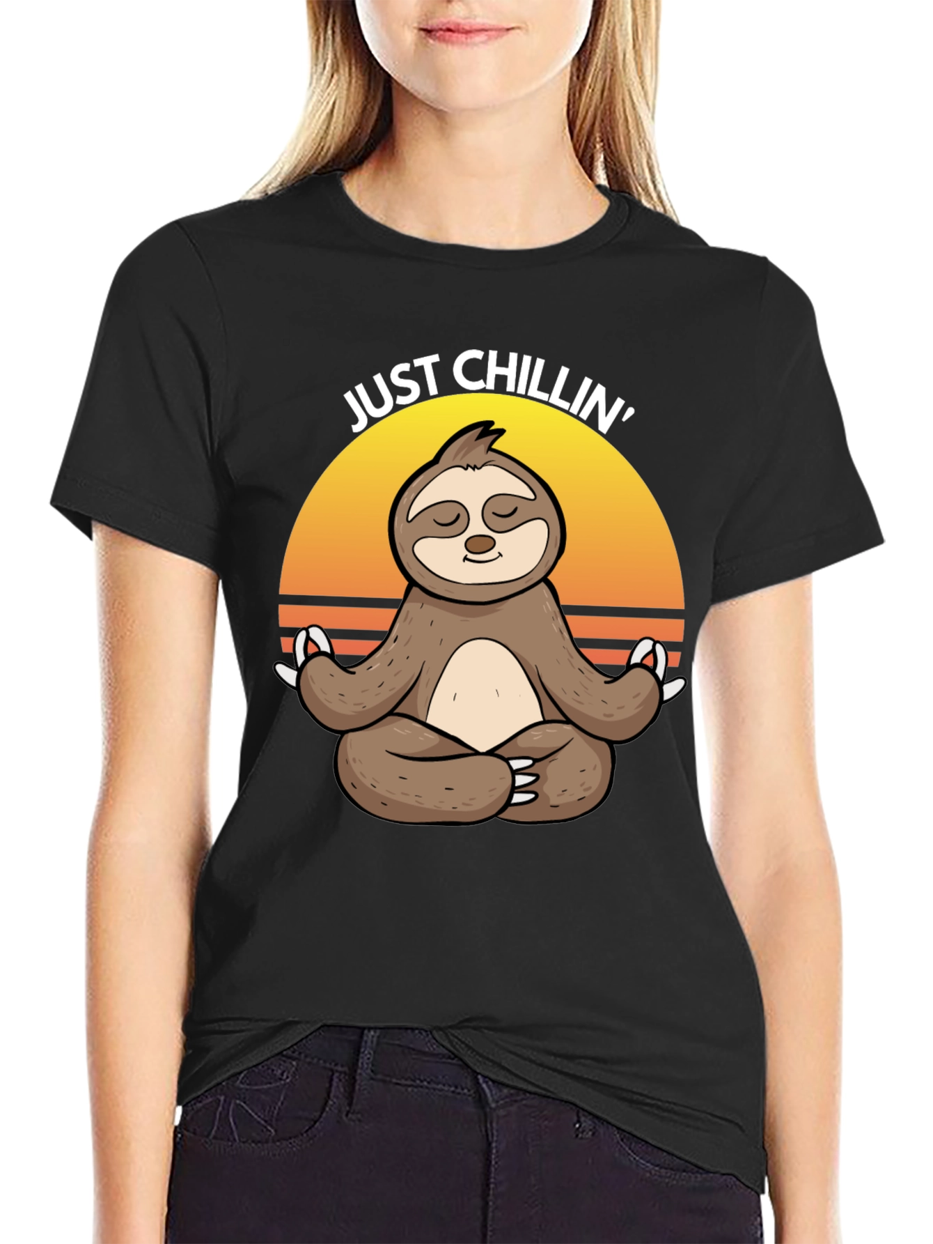 Black Just Chillin' Sloth Yoga Meditation T-Shirt view 2