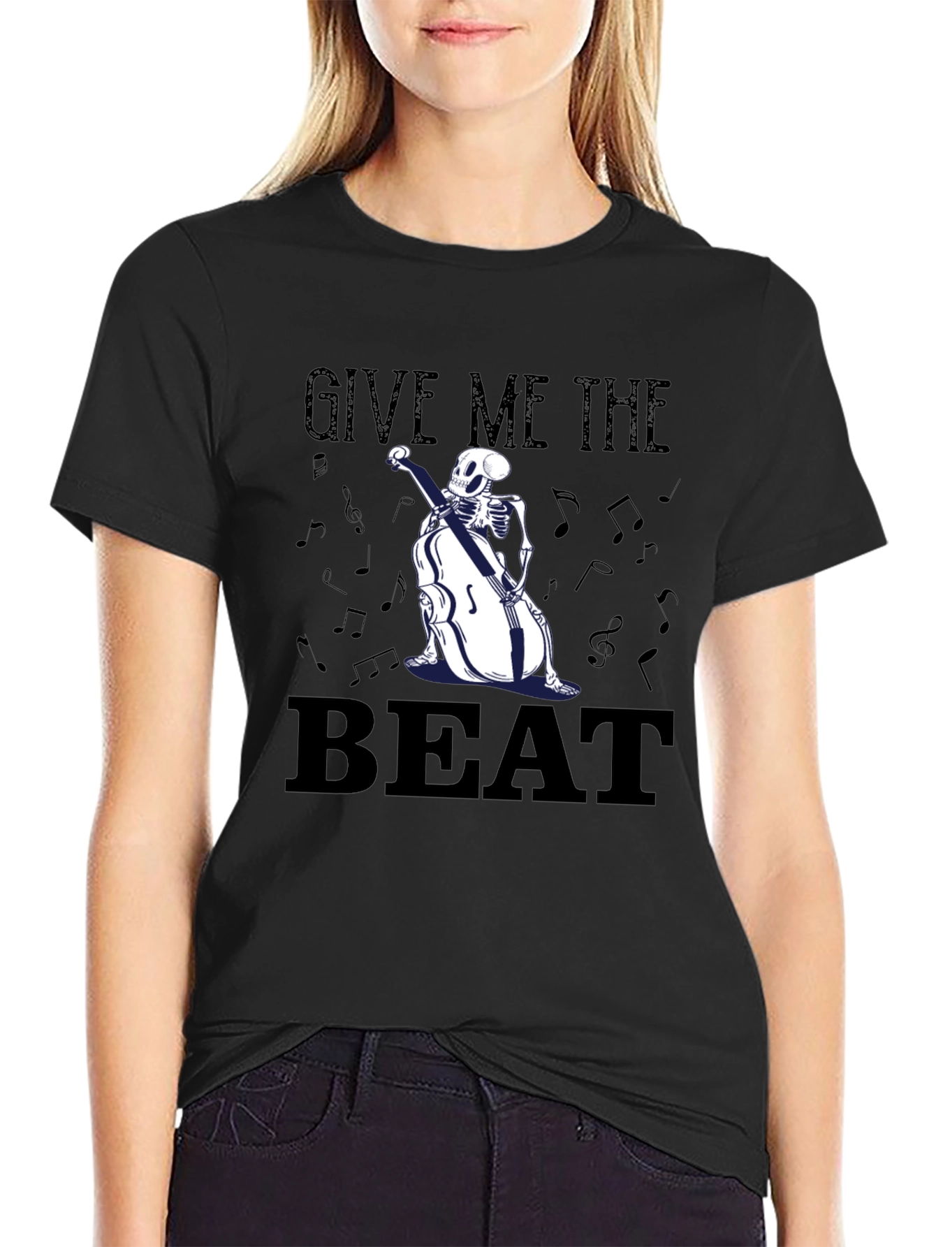 Black Give Me The Beat Skeleton Bassist Graphic T-Shirt view 2
