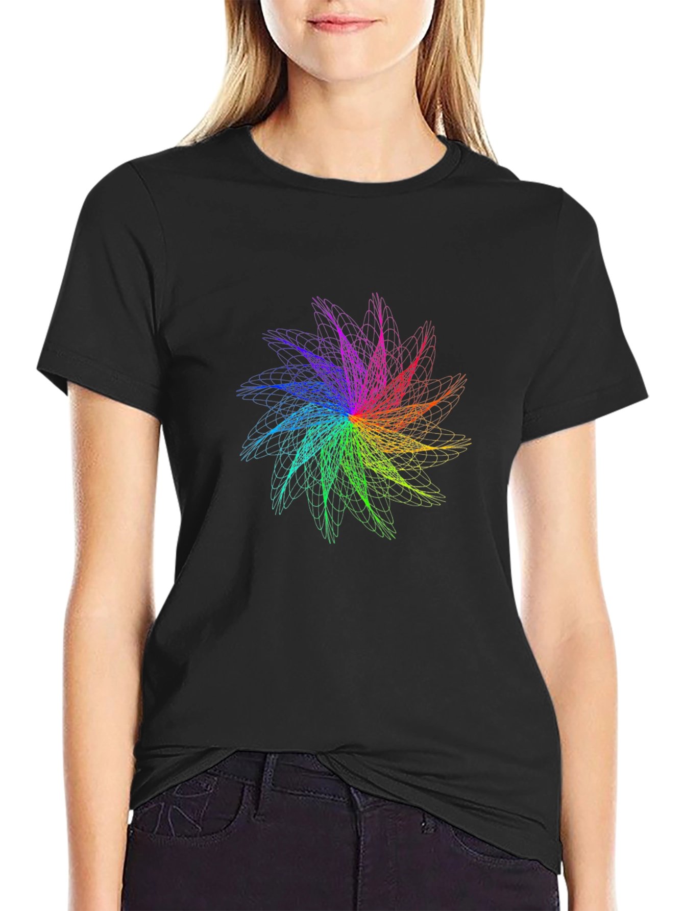 Black Rainbow Fractal Flower Graphic Black T-Shirt view 2