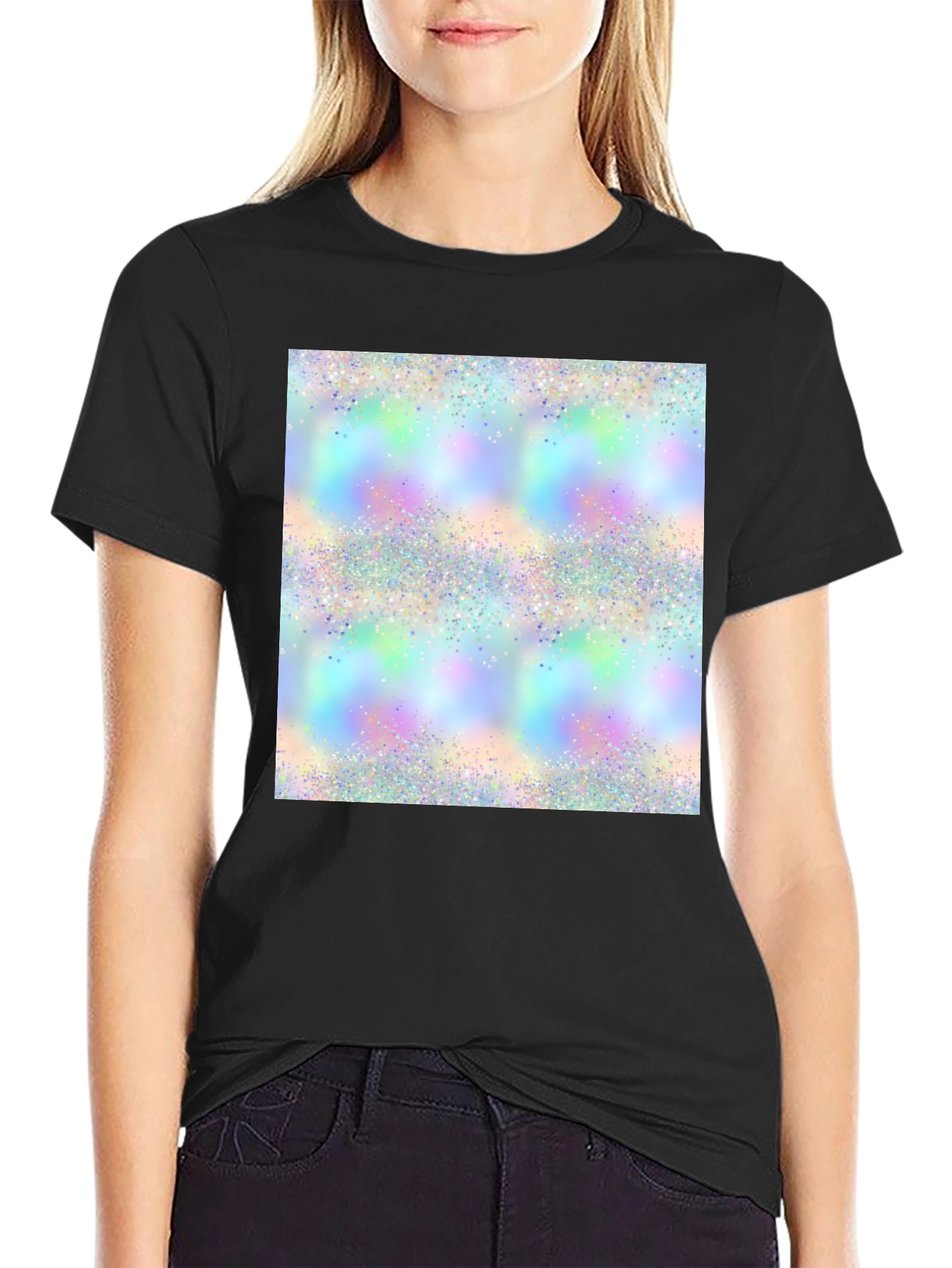 Black Holographic Sparkle Print Black T-Shirt view 2