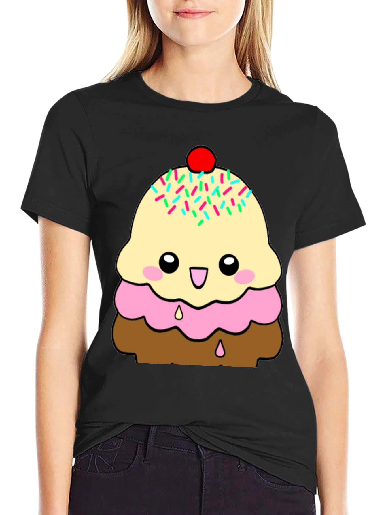 Black Cute Ice Cream Cone Graphic T-Shirt view 2
