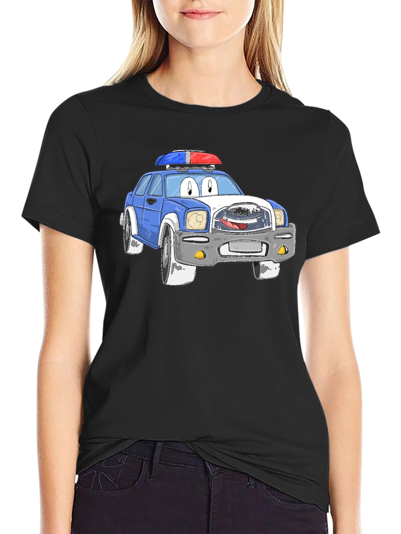 Black Cartoon Police Car Graphic T-Shirt view 2
