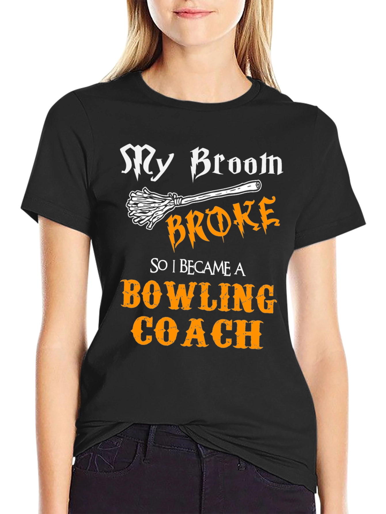 Black Funny Bowling Coach T-Shirt - My Broom Broke view 2