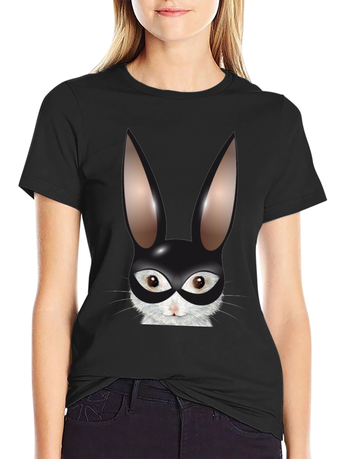 Black Bunny Mask Graphic Tee - Black Cotton Blend T-Shirt view 2