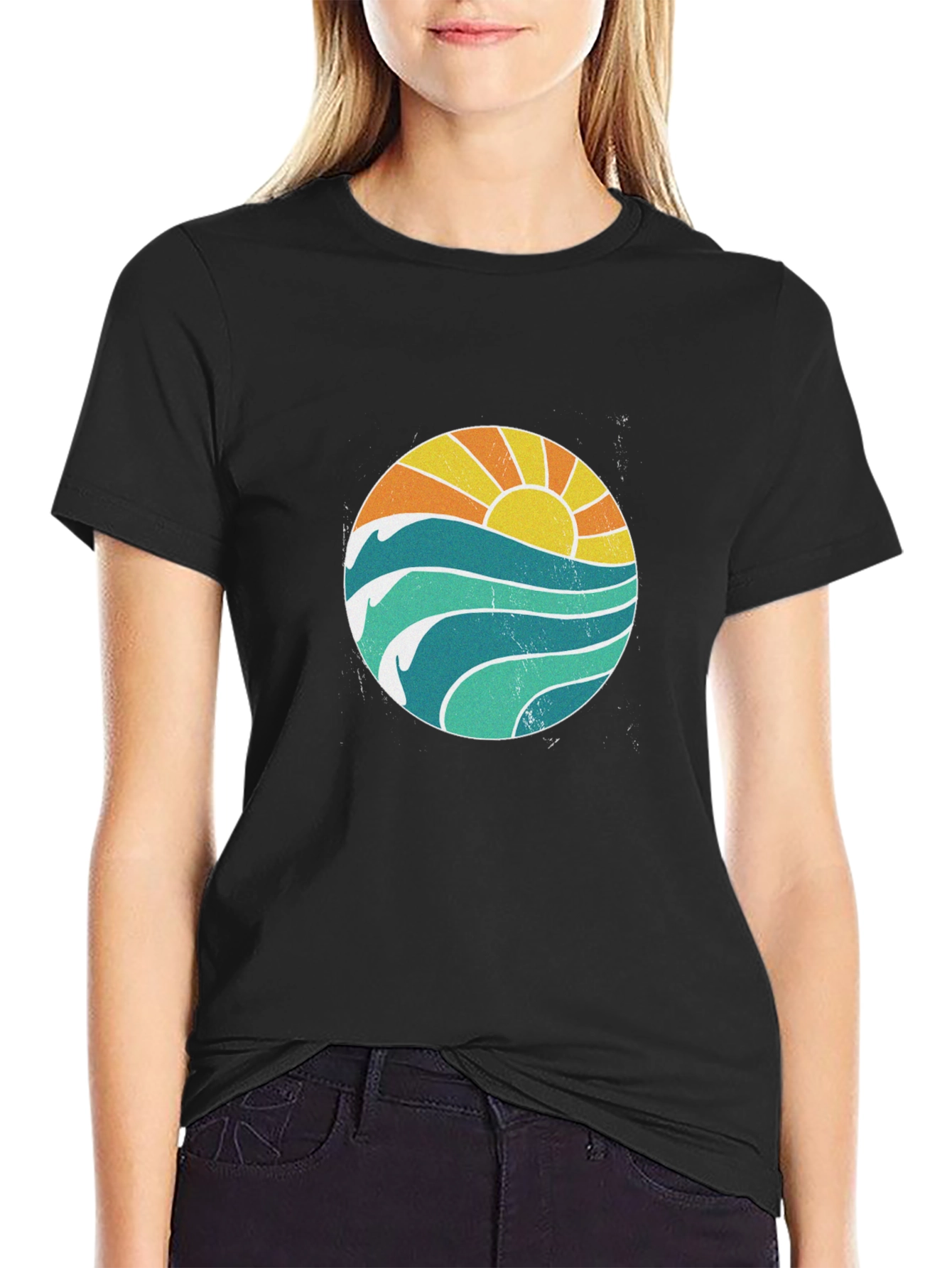 Black Sunset Waves Graphic T-Shirt - Black view 2