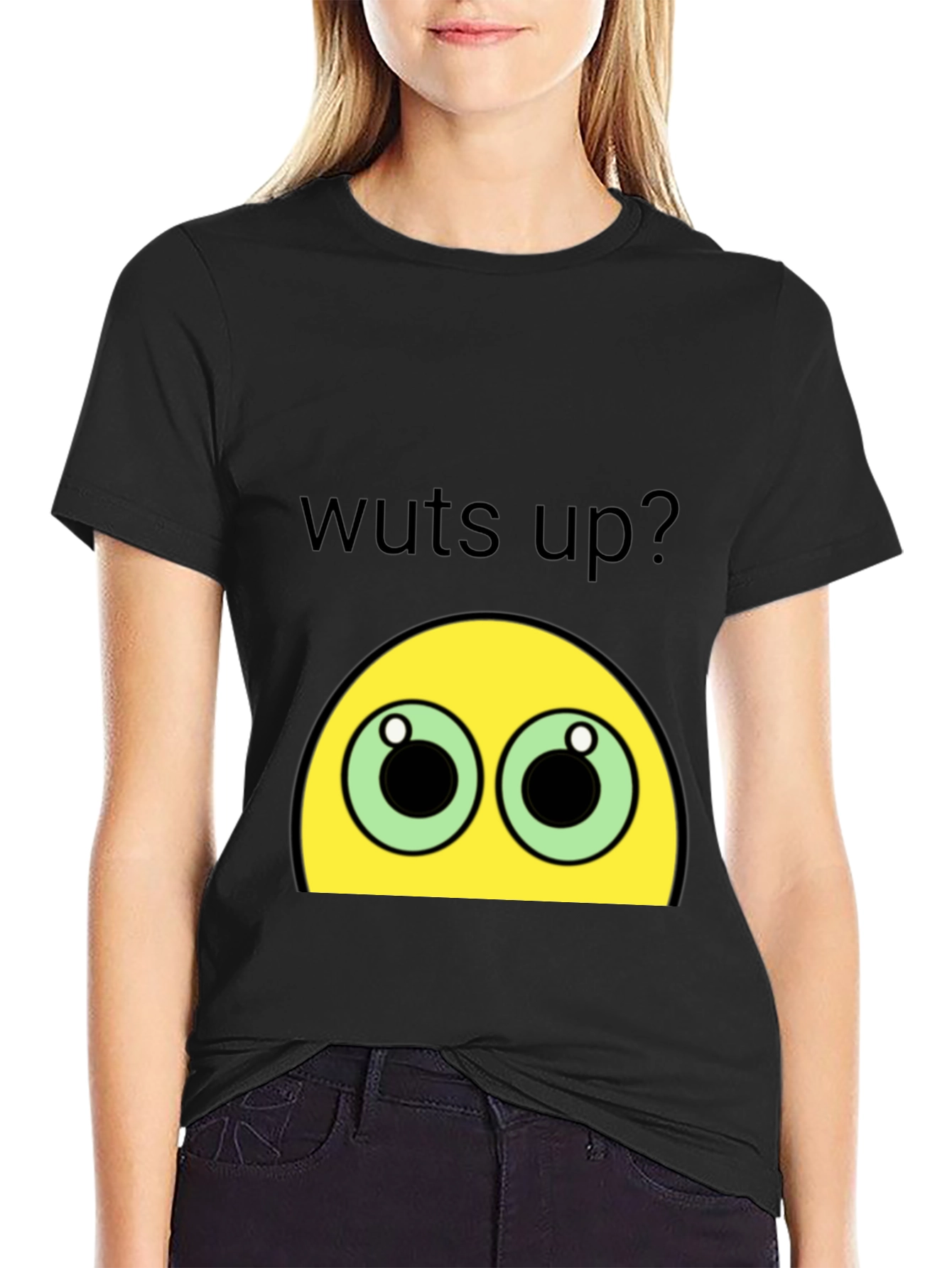 Black Funny Wuts Up? Emoji Black T-Shirt view 2