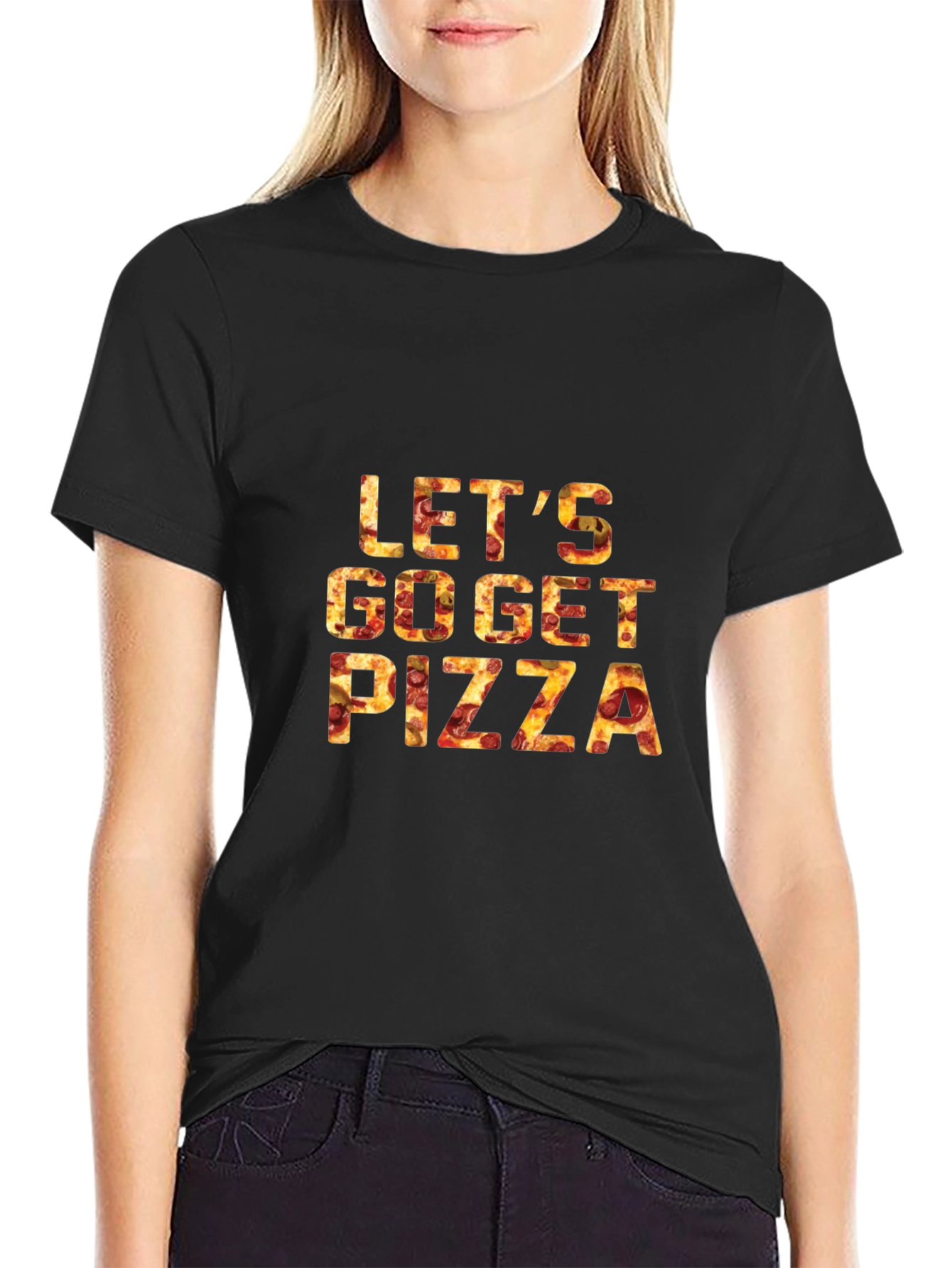 Black Let's Go Get Pizza Graphic Tee - Black Casual T-Shirt view 2
