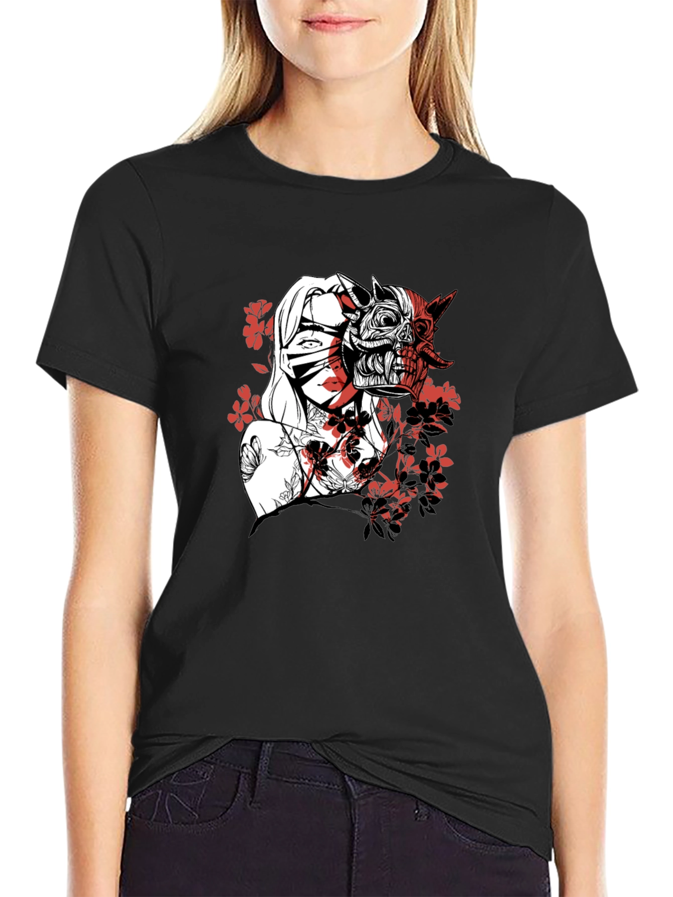 Black Men's Graphic Tee - Samurai Girl & Skull Design view 2