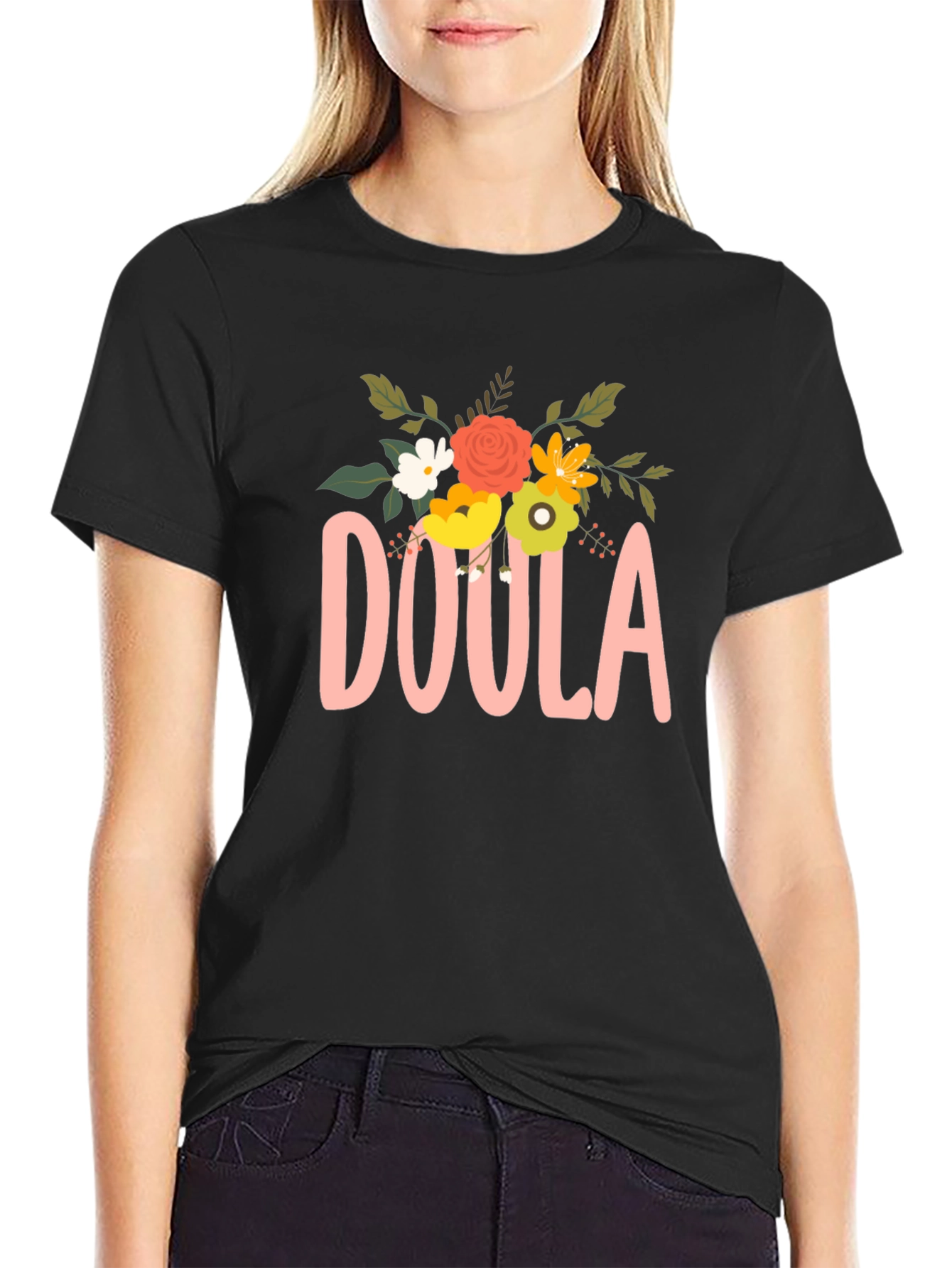 Black Floral Doula T-Shirt view 2