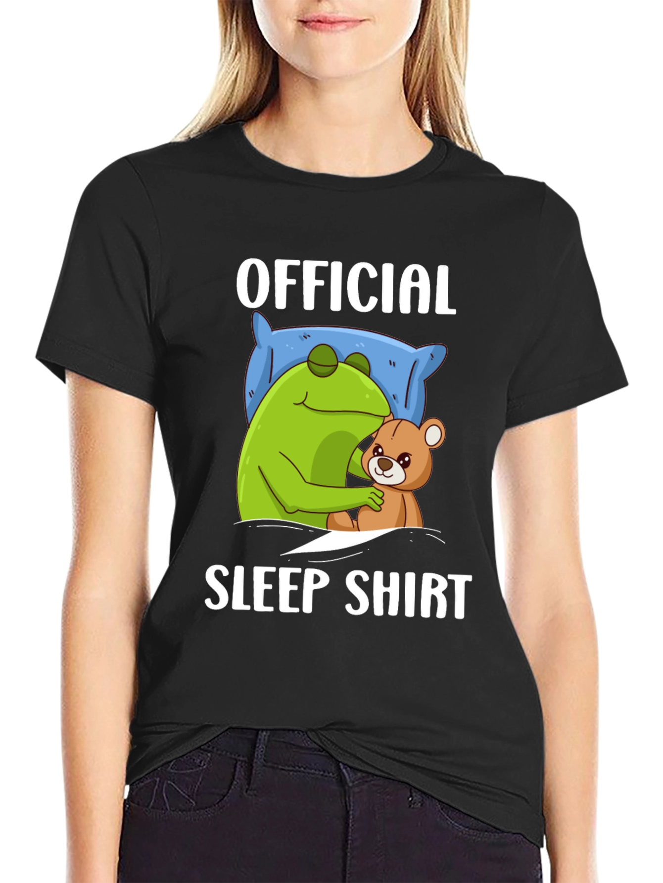 Black Official Sleep Shirt - Frog and Teddy Bear Design view 2