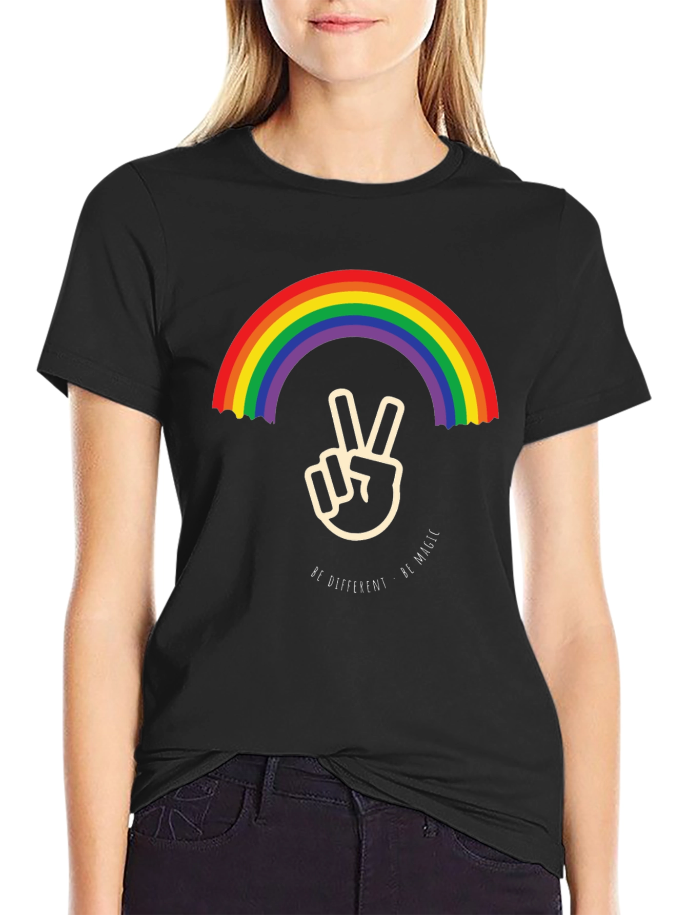 Black Rainbow Peace Sign Graphic Tee - Be Different, Be Magic view 2