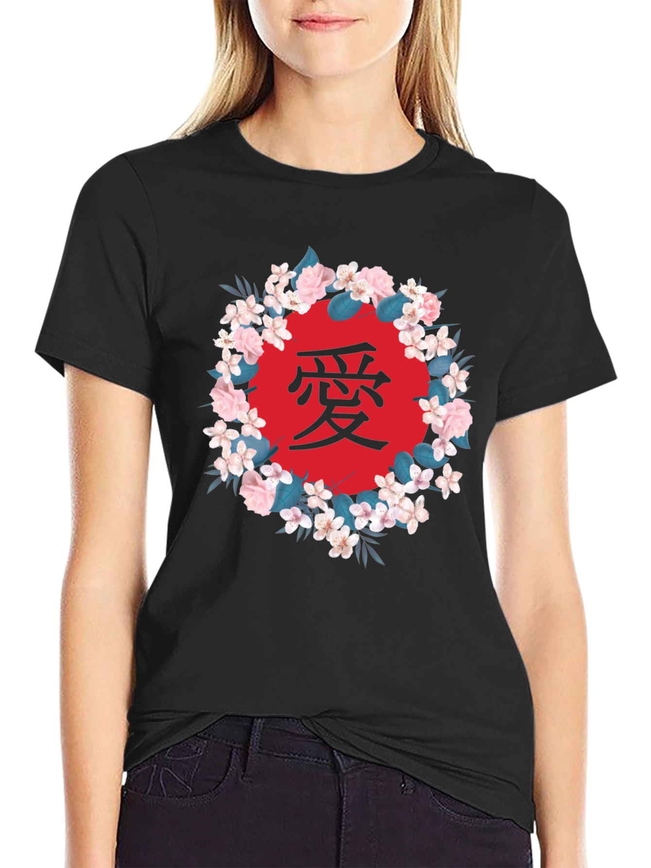 Black Floral Japanese Love Graphic T-Shirt view 2