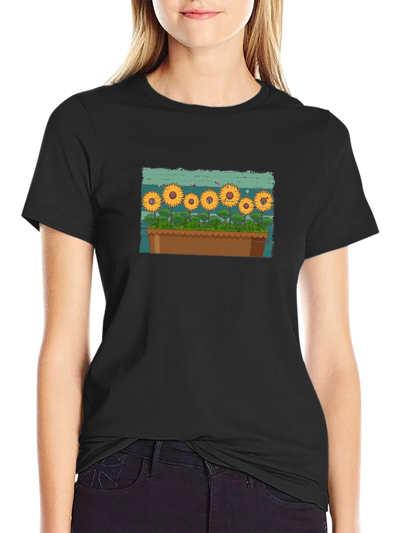 Black Sunflower Garden T-Shirt - Unique Graphic Tee view 2