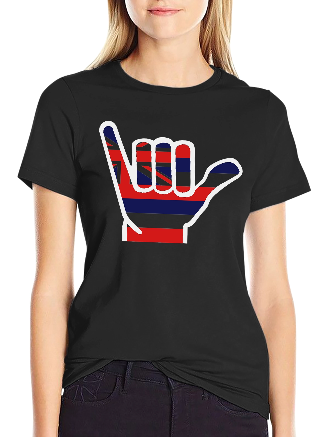 Black Hang Loose Hawaiian Flag Shaka Graphic T-Shirt view 2