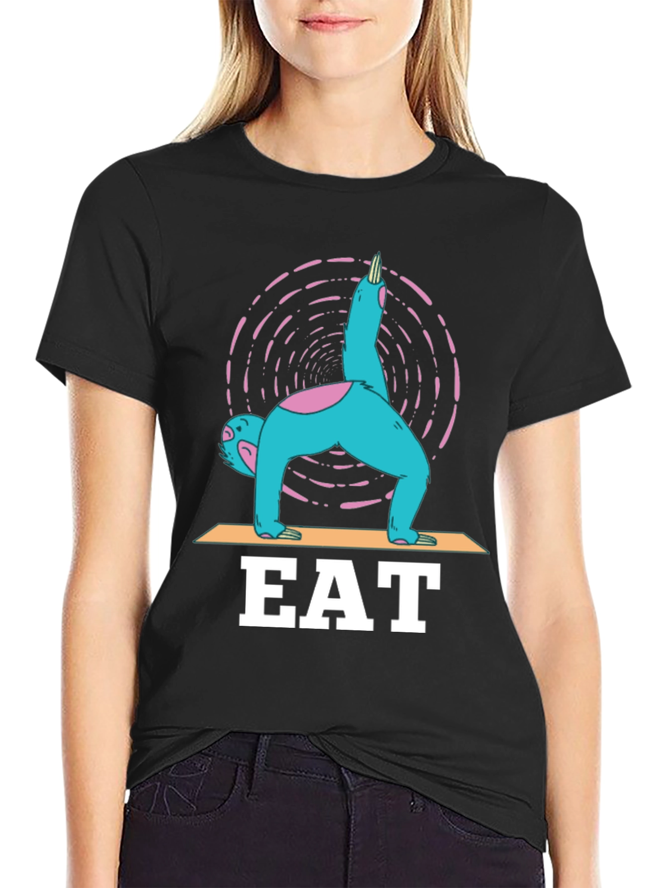Black Yoga Sloth EAT T-Shirt - Relax and Recharge! view 2