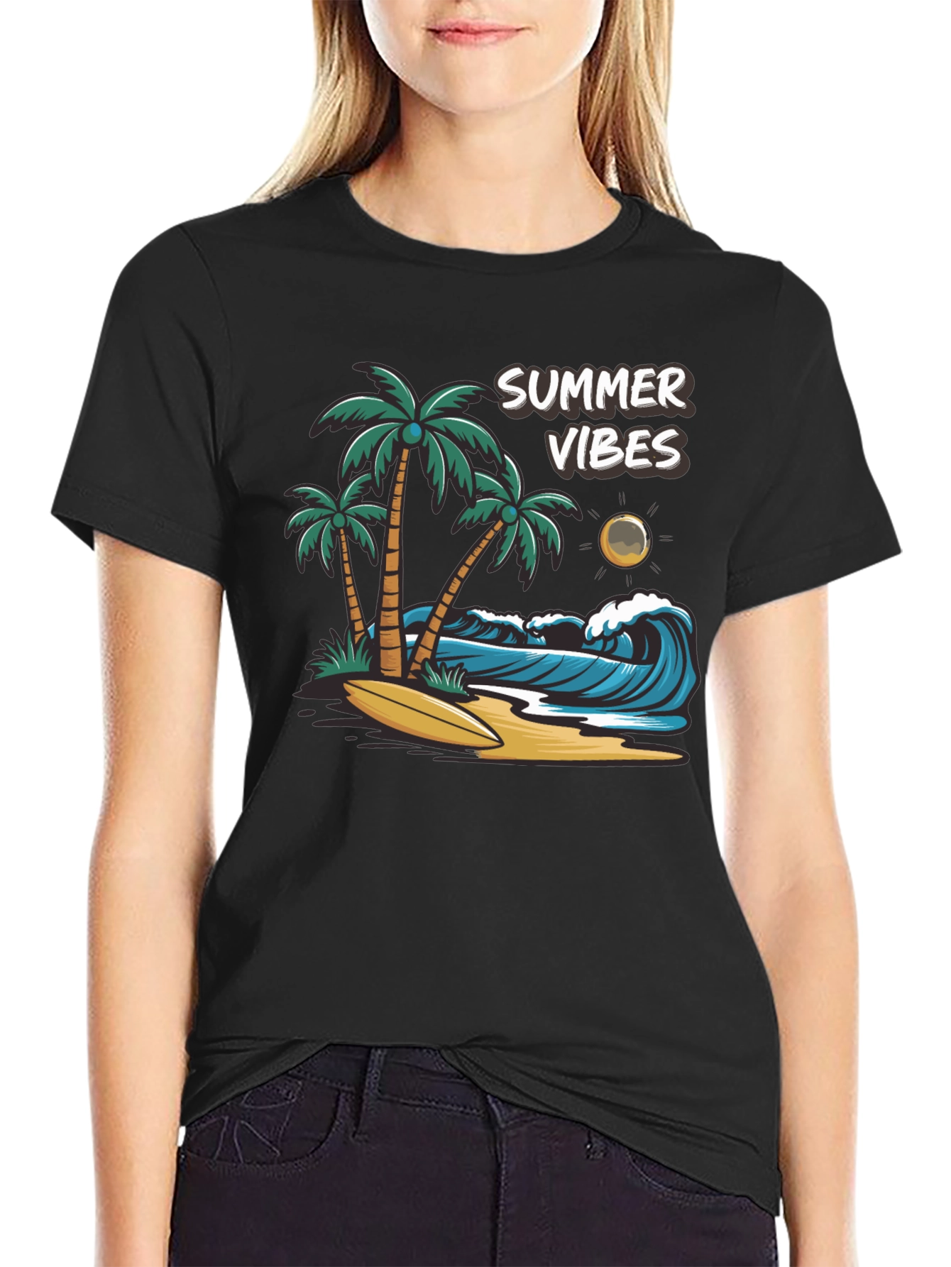 Black Summer Vibes Graphic Tee - Black Cotton T-Shirt view 2