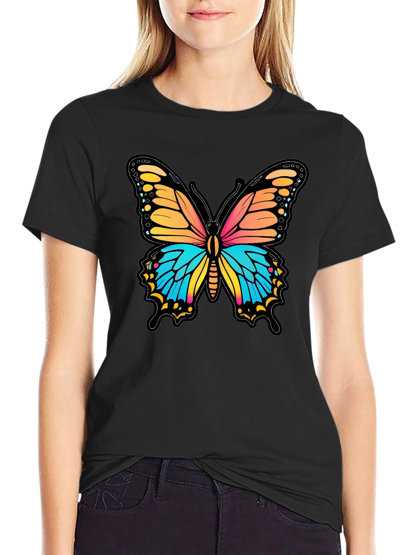 Black Vibrant Butterfly Graphic Print Black T-Shirt view 2